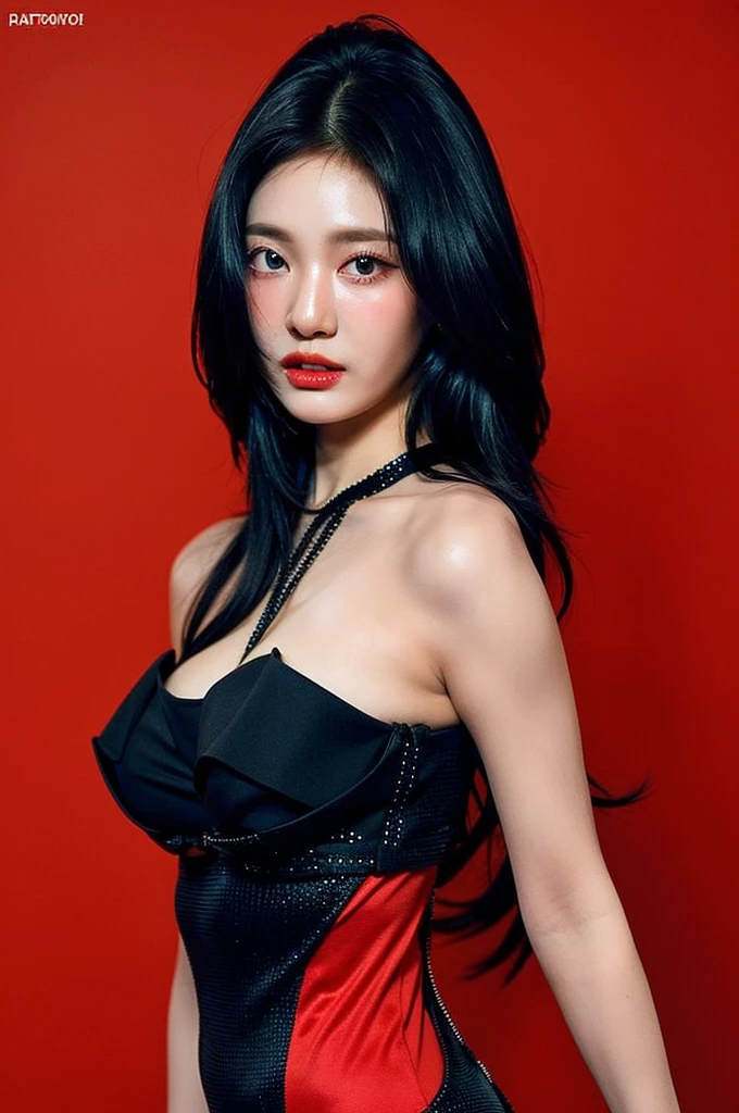 Best quality, masterpiece, ultra high res, (photorealistic:1.4), raw photo,1girl, solo, realistic, looking at viewer, upper body,simple red background, black dress, big breast, revealing breast