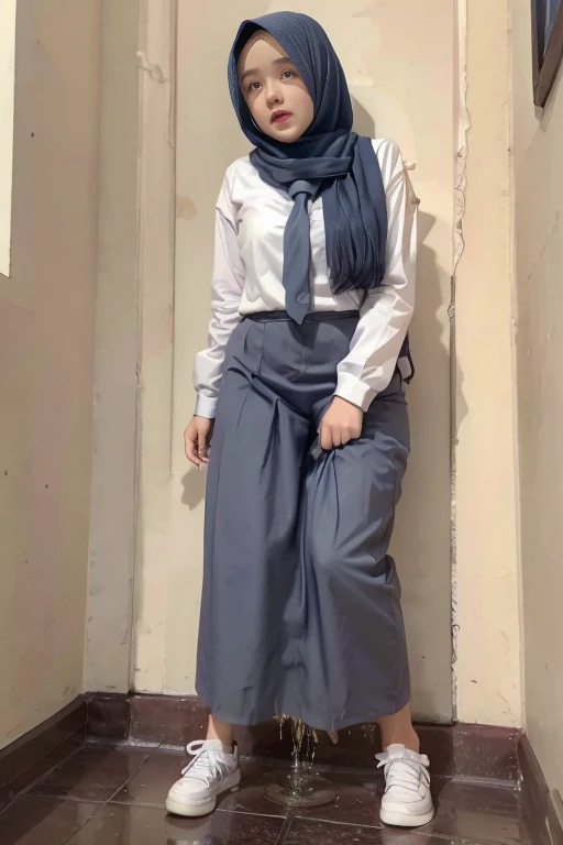 (pp clothes), (realistic), A hijab girl sees the ghost and peed herself, standing position, peeing herself on to skirt, peeing:1.3, urination:1.3, pee stain:1.2, pee puddle:1.1, view to viewer