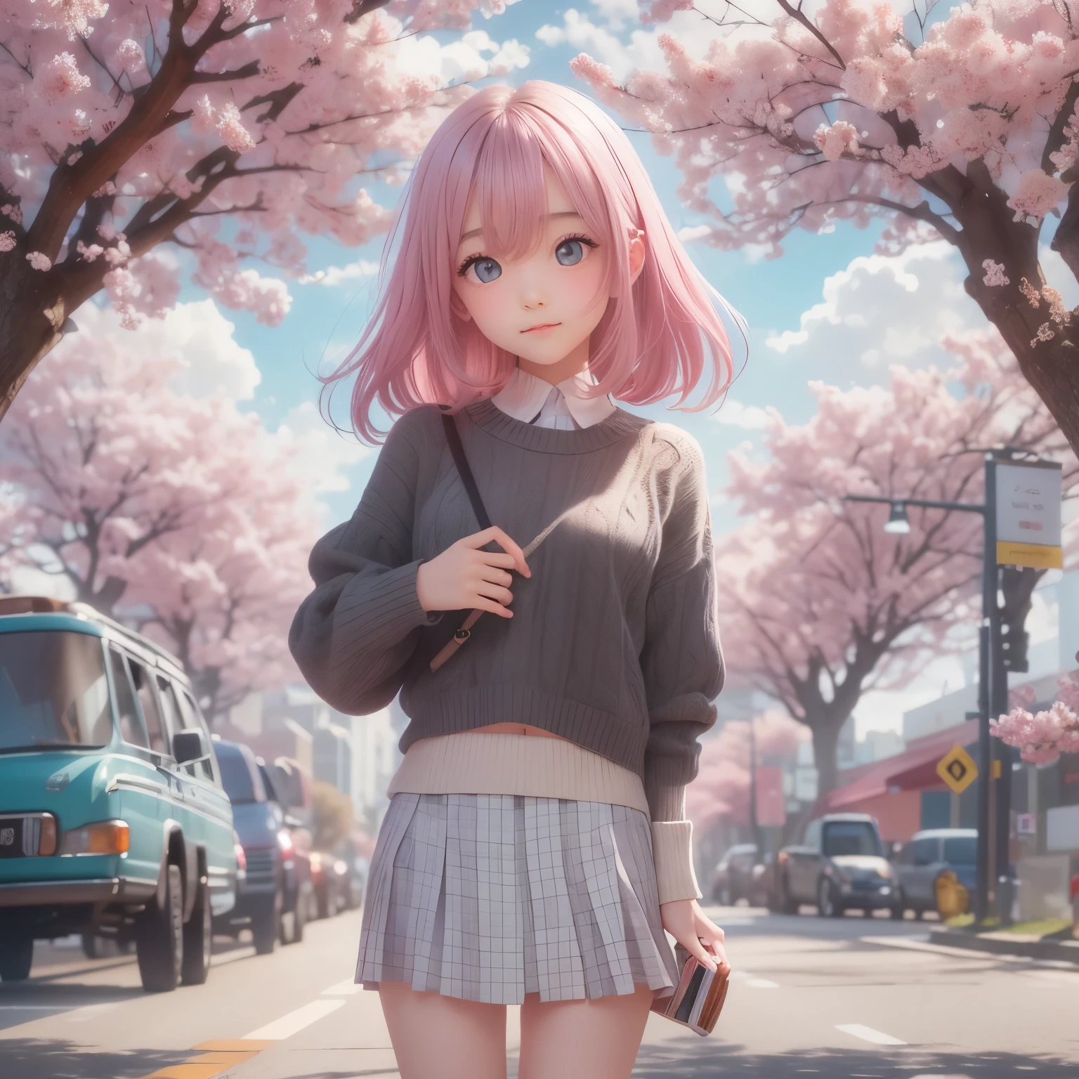 detailed face, cute face, masterpiece, highest quality, Super detailed, figure, Wide-angle, A girl is standing in the middle of the road, alone, The road in the middle and pink cherry blossom trees on the roadside, whole body, 20th Generation, Pink Hair, sweater, Short skirt, fashion,, composition, balance, Harmony, rhythm, color, Light, Shadow, reflection, refraction, tone, Contrast, prospect, Middle Way, background, Naturalistic, Figurative, Expressive.