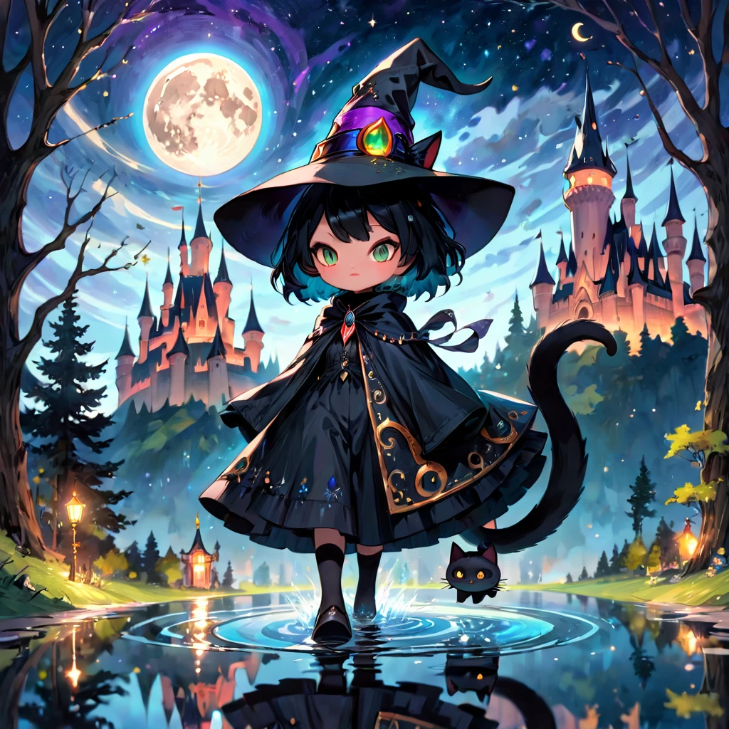 black cat, solo, alone, witch, hat, cloak, black short hair, long tail, jewelry, gems, sparkle effect, ornaments, walking on water, reflected water, castle, tower, forest, night, starry sky, star\(sky\),moon, from front, no human, , masterpiece, best quality, ultra detailed, perfect anatomy, anatomically correct, vibrant color,