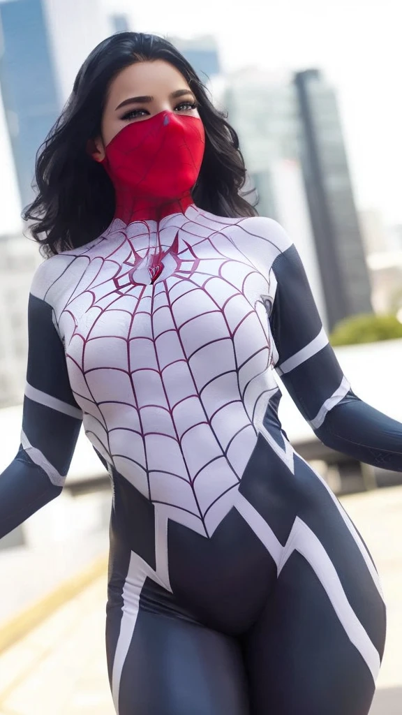 HD, realistic, detailed, smooth texture, masterpiece, 4D, 4K, ((perfect face)), ((a sexy woman wear spiderman costume)), medium hair, ((white hair)), big breasts, very sexy body, smile, sexy thick red lips, is in outdoor with a sexy pose, ((perfact body)).