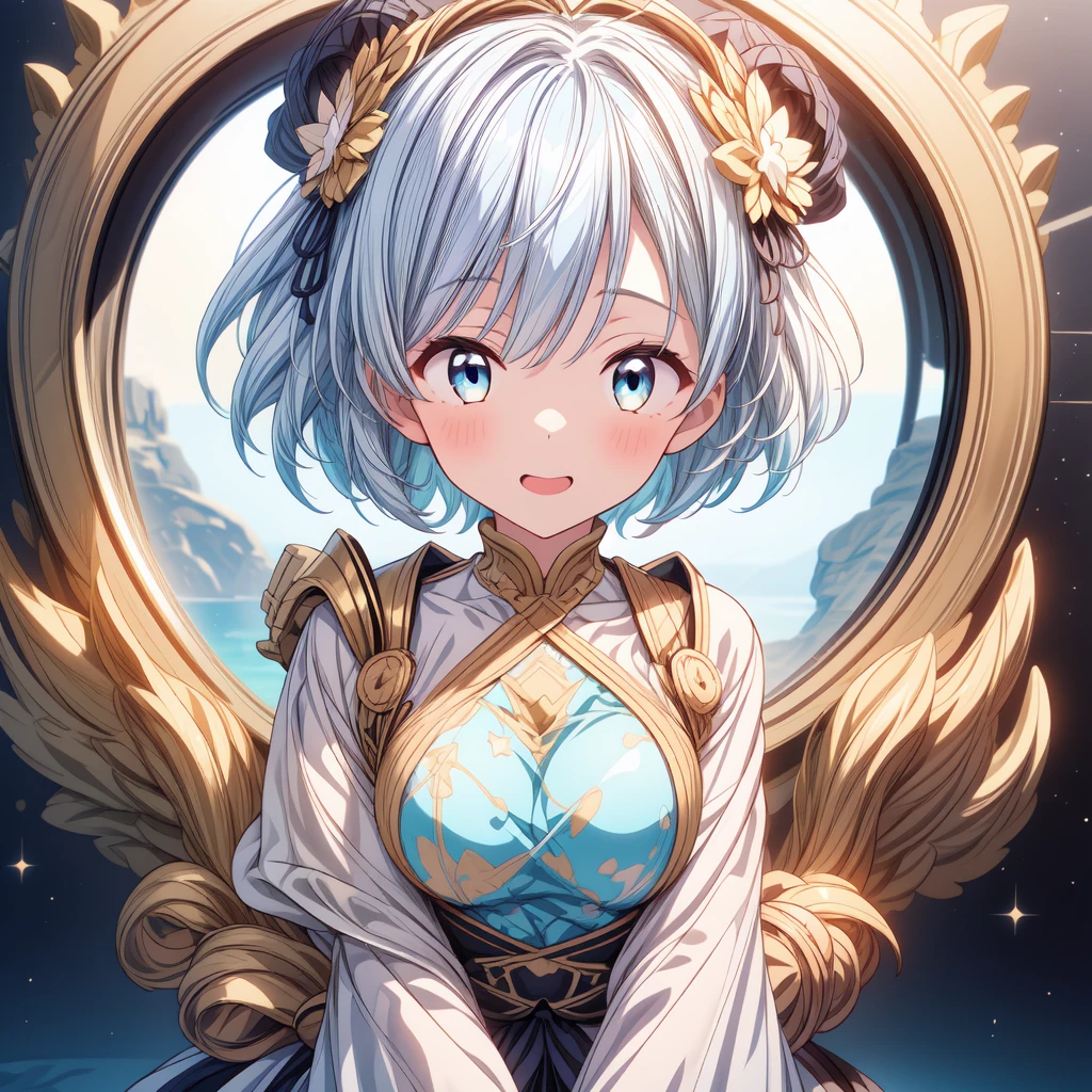 (((1girl)))、starの妖精、tareme、headshot、Face close-up、closeup shot、(((highest quality、Masterpiece、The best composition、Golden Ratio、Official Art、Super detailed、Super detailedな目)))、smile、Droopy and big eyes、Light blue and light pink eyes、ultra detailed, from front, headshot、 blue and white hair color、Short bangs above eyebrows、Short Hair、Standing in front of the viewer、着物とゴスロリをリメイクしたMilky Way柄の洋服で濃紺と水色を基調にした色、The sleeves are long and the hands are hidden、Knee-high boots、Pure white simple background、star、Milky Way、universe、流star群、