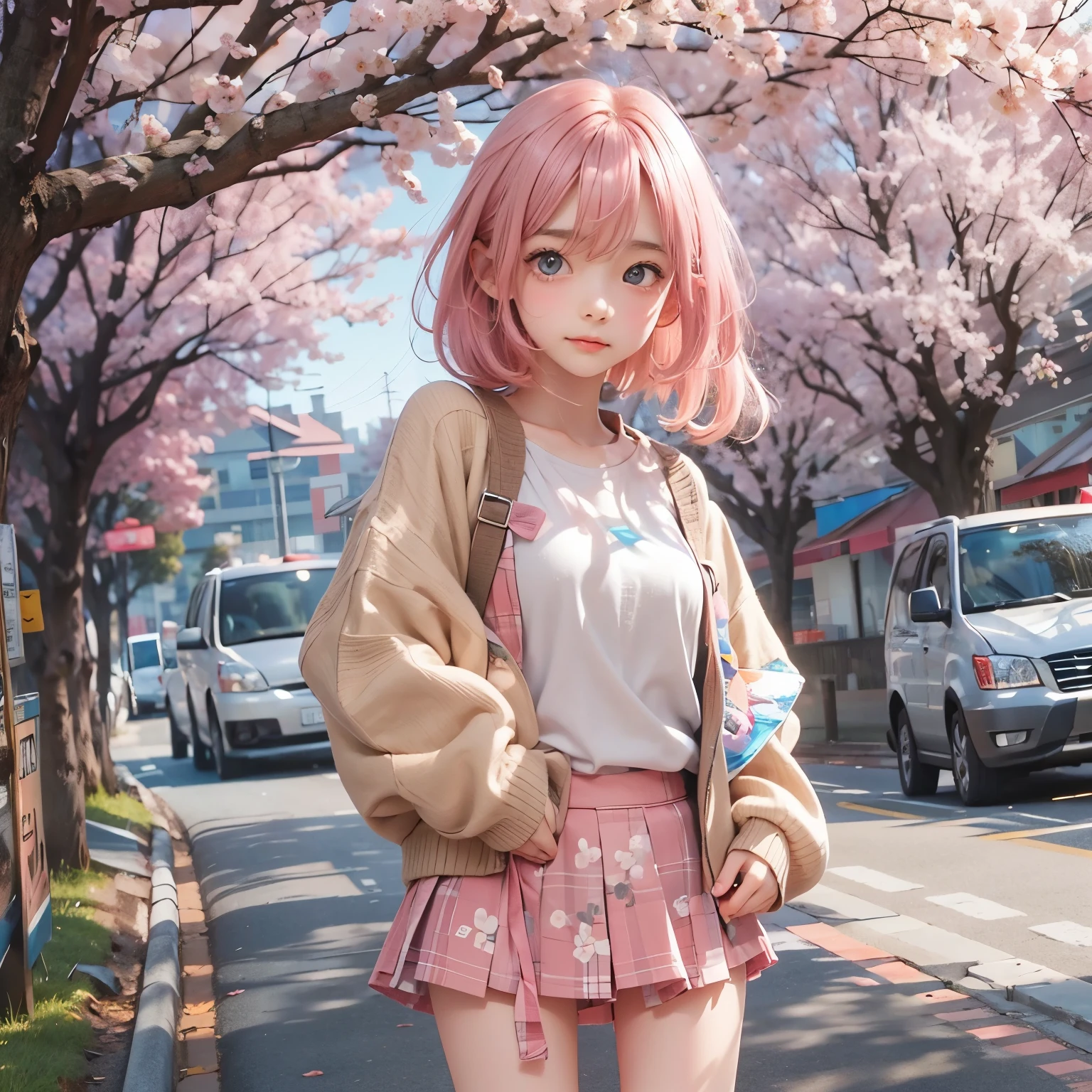 detailed face, cute face, masterpiece, highest quality, Super detailed, figure, Wide-angle, A girl is standing in the middle of the road, alone, The road in the middle and pink cherry blossom trees on the roadside, whole body, 20th Generation, Pink Hair, sweater, Short skirt, fashion,, composition, balance, Harmony, rhythm, color, Light, Shadow, reflection, refraction, tone, Contrast, prospect, Middle Way, background, Naturalistic, Figurative, Expressive.