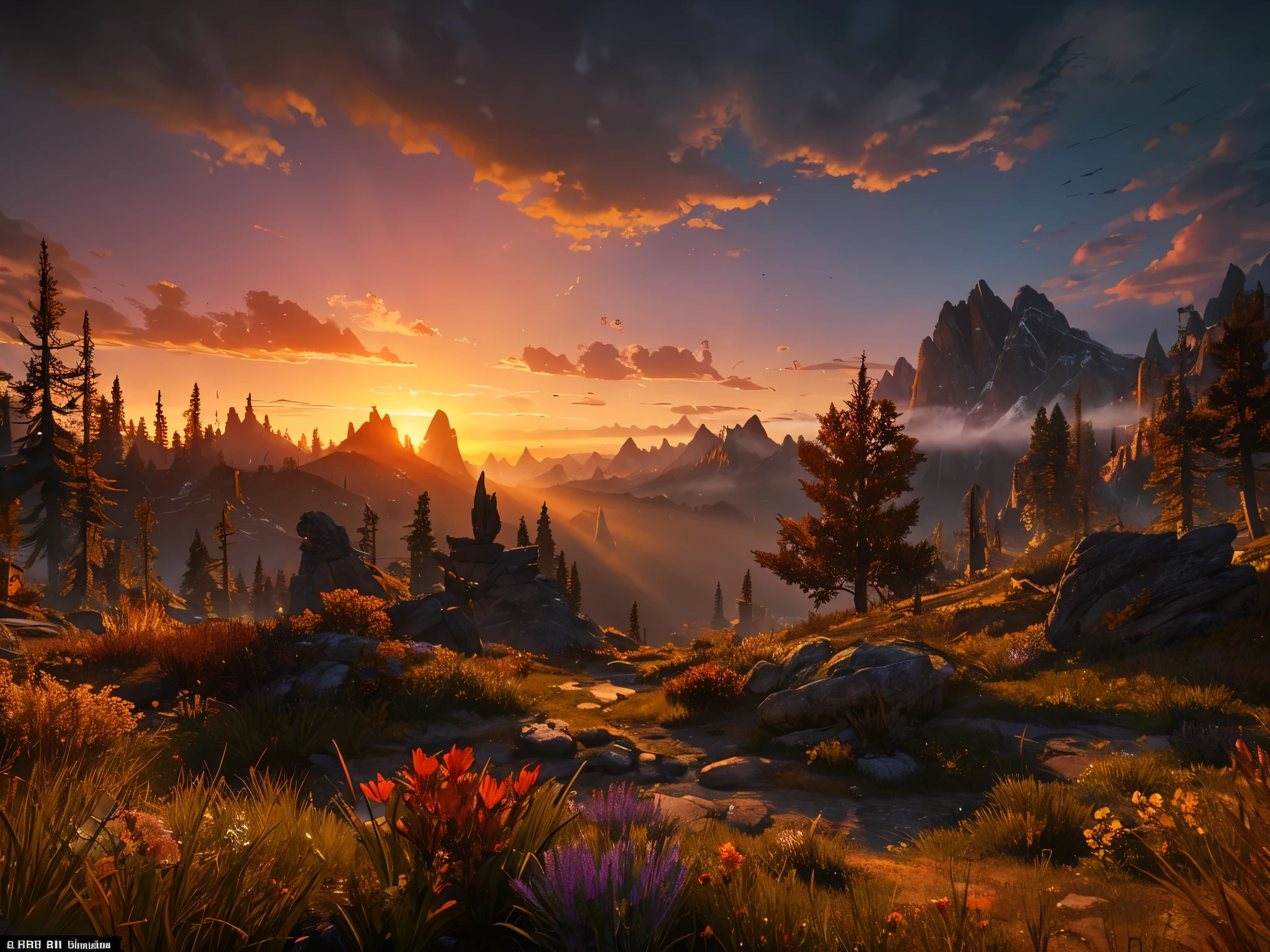 In the fading light of a Skyrim sunset, a majestic phoenix rises from the horizon. Its fiery plumage is illuminated by the setting sun, casting a warm glow over the landscape. Crystals and flowers adorn the scene, adding to the ethereal beauty of the moment. This breathtaking painting captures the mythical creature in all its splendor, a dazzling display of nature's grandeur and magic.