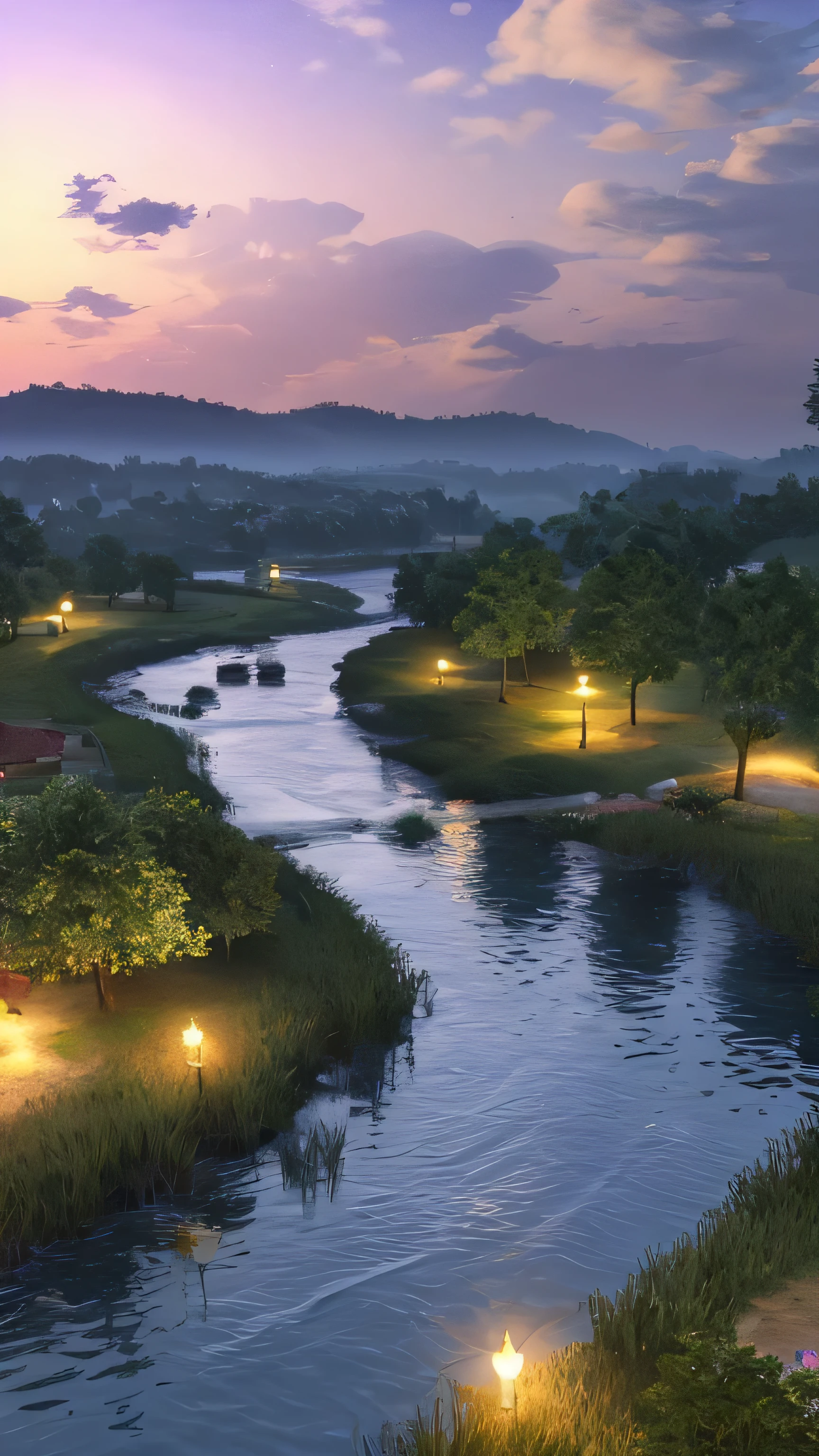 summer night、countryside、river、countryside、4k,Ultra-detailed graphics、