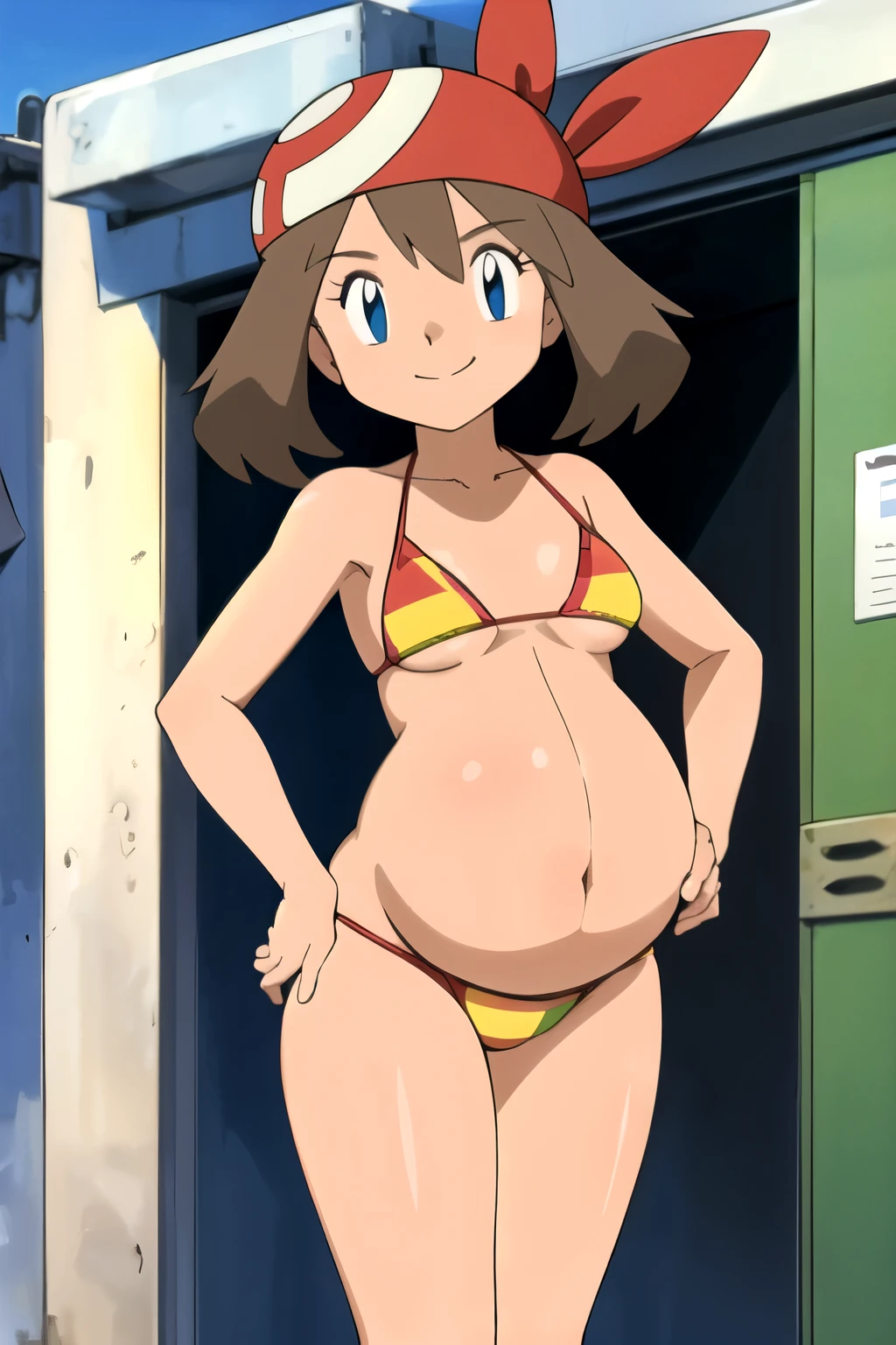 masterpiece, best quality, highres, outdoors, 1girl, solo, may (pokemon), bandana, red shirt, bare shoulders, pregnant, embarazada, vientre de embarazo, barriga de embarazada. Bikini, microbikini, micro bikini, bikini rojo, embarazada, barriga de embarazada, sonrisa, sonrisa timida, mirada tranquila. 