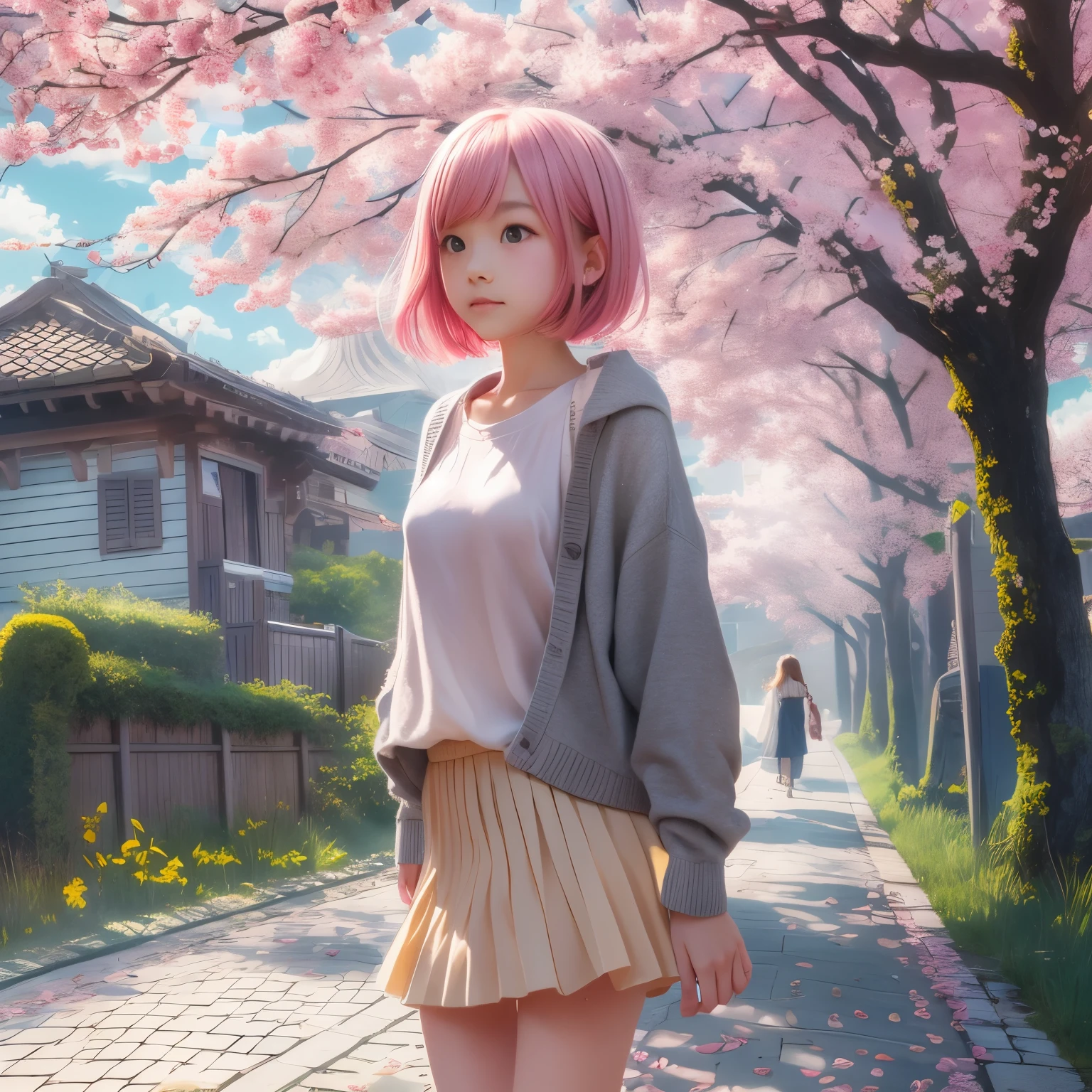detailed face, cute face, masterpiece, highest quality, Super detailed, figure, Wide-angle, A girl is standing in the middle of the road, alone, The road in the middle and pink cherry blossom trees on the roadside, whole body, 20th Generation, Pink Hair, sweater, Short skirt, fashion,, composition, balance, Harmony, rhythm, color, Light, Shadow, reflection, refraction, tone, Contrast, prospect, Middle Way, background, Naturalistic, Figurative, Expressive.