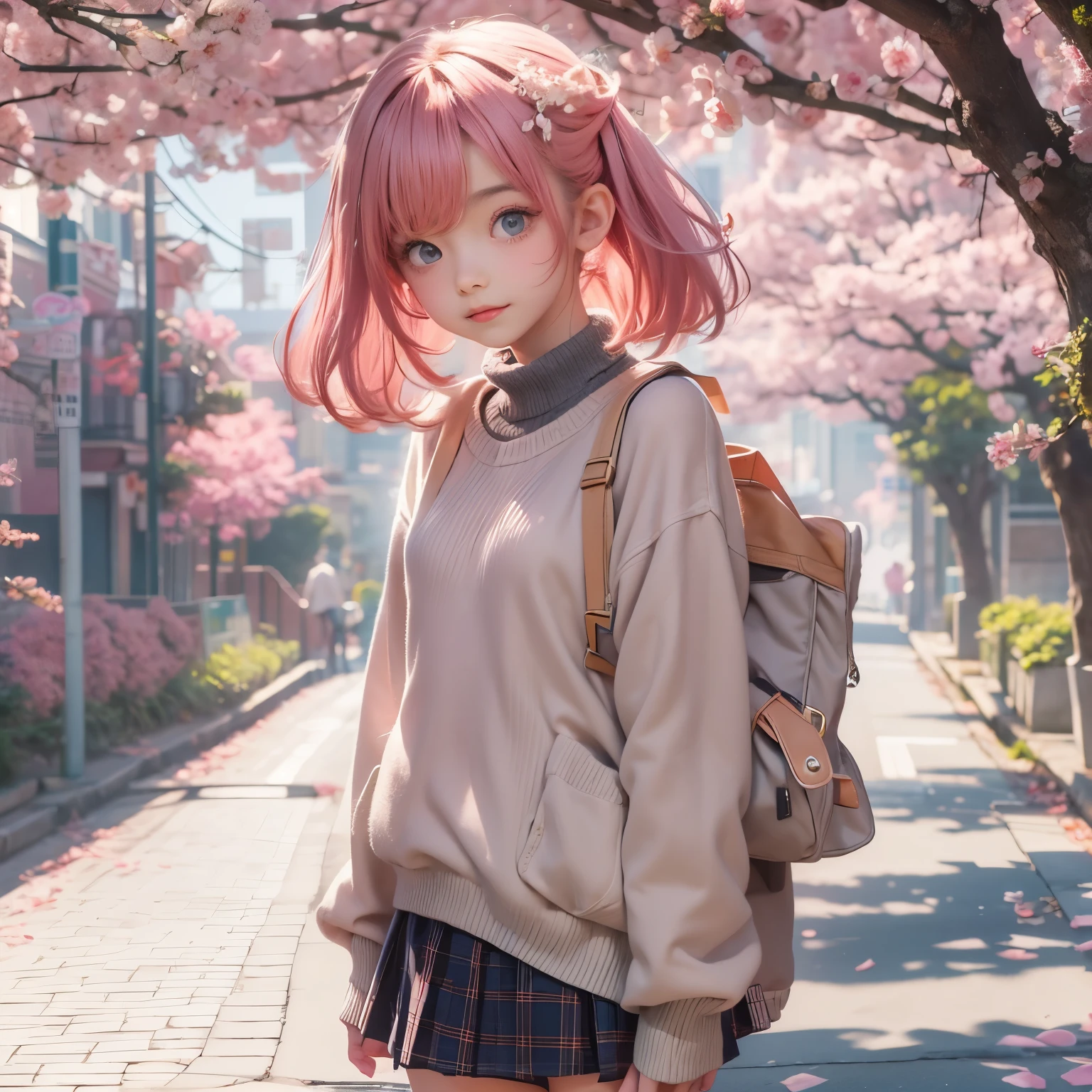 detailed face, cute face, masterpiece, highest quality, Super detailed, figure, Wide-angle, A girl is standing in the middle of the road, alone, The road in the middle and pink cherry blossom trees on the roadside, whole body, 20th Generation, Pink Hair, sweater, Short skirt, fashion,, composition, balance, Harmony, rhythm, color, Light, Shadow, reflection, refraction, tone, Contrast, prospect, Middle Way, background, Naturalistic, Figurative, Expressive.