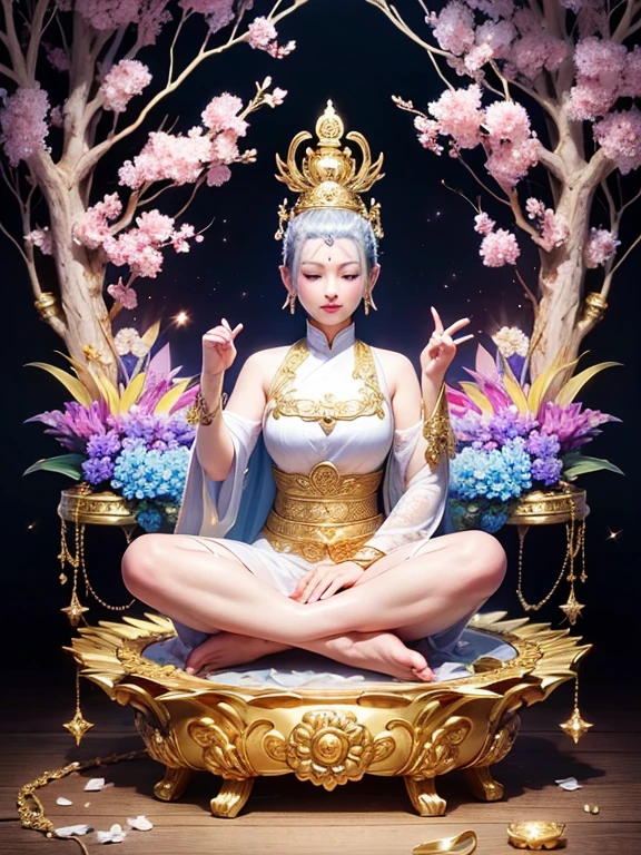 (Buddhist paradise、Gold Dust、Silver、Ruri、agate、Several large crystals、Halo、Kannon Bodhisattva)、god々A good appearance、Golden aura shining、白Silver色の明るい世界、Flowers are blooming all over the place、Seated on a lotus pedestal、Official artwork、Crystal clear white dress、barefoot、(masterpiece、highest quality、High resolution、8k)、The composition is excellent、