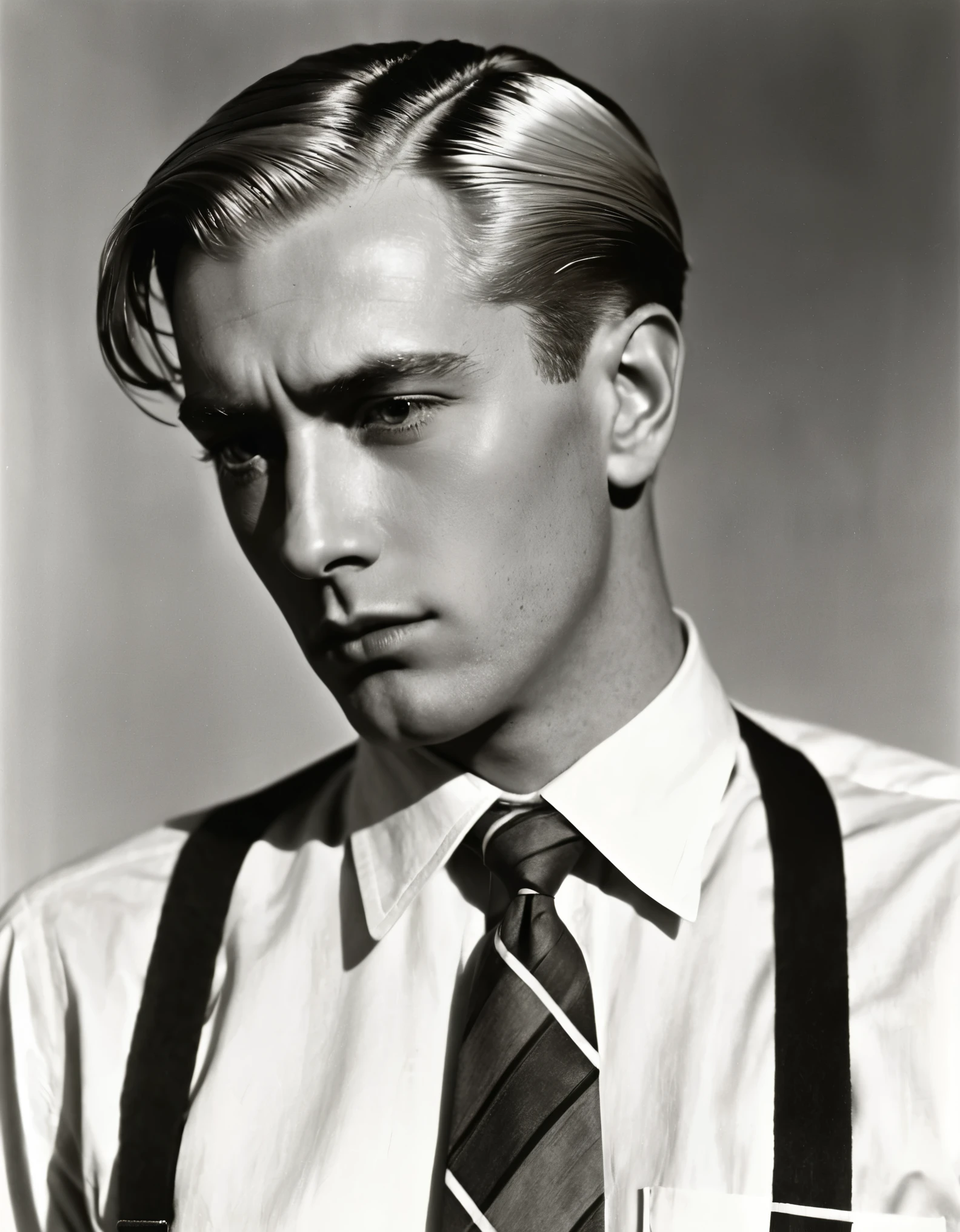 arafed photo of a man with a tie and a shirt, , inspired by Harry Haenigsen, author unknown, 1 9 3 0 s haircut, by Phillip Otto Runge, by Carl Critchlow, edward hooper, by Edward Weston, blonde man, short hair on top of his head, inspired by Sven Nordqvist