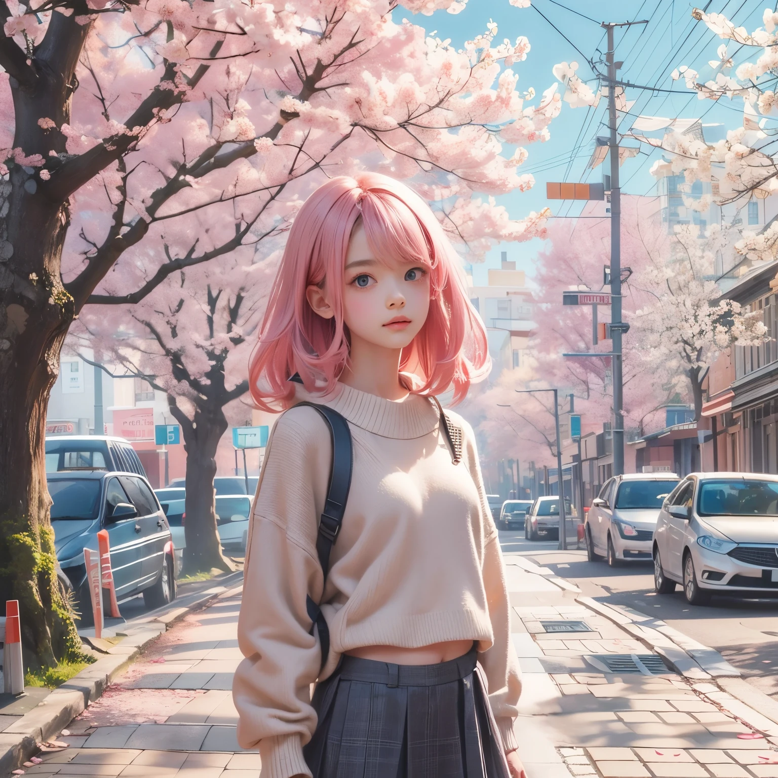 detailed face, cute face, masterpiece, highest quality, Super detailed, figure, Wide-angle, A girl is standing in the middle of the road, alone, The road in the middle and pink cherry blossom trees on the roadside, whole body, 20th Generation, Pink Hair, sweater, Short skirt, fashion,, composition, balance, Harmony, rhythm, color, Light, Shadow, reflection, refraction, tone, Contrast, prospect, Middle Way, background, Naturalistic, Figurative, Expressive.