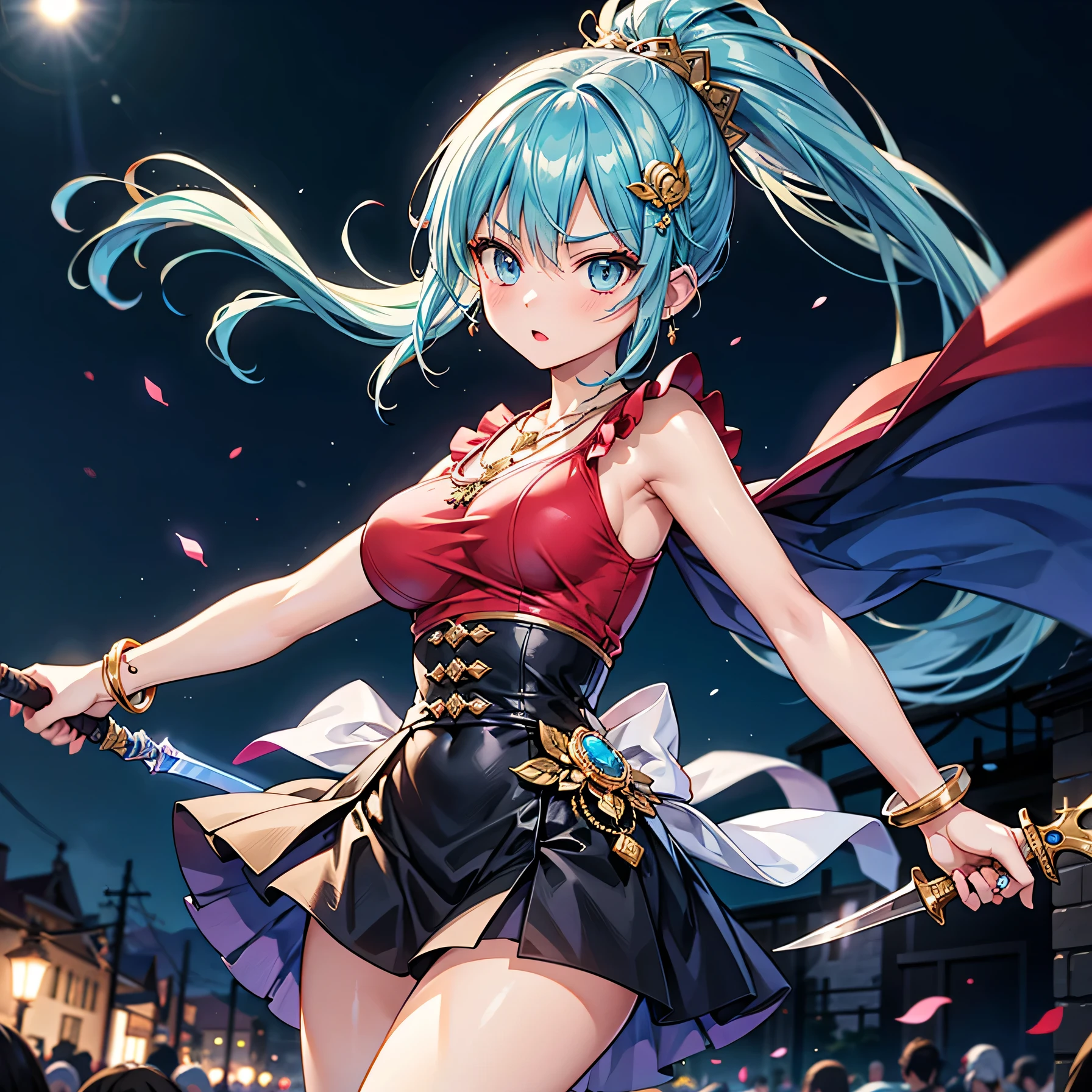 Anime Moe Art Style,highest quality,High resolution,Anatomically correct,One Girl,Mid-teens,A girl with light blue hair in a ponytail,Super detailed,Fantasy World,Sleeveless blouse,flare skirt,Big Breasts,A rich expression,Serious expression,Plains at night,Dynamic movement,Wielding a dagger,fight,Eyes drawn in detail,hair ornaments,necklace,bracelet,ring,8K