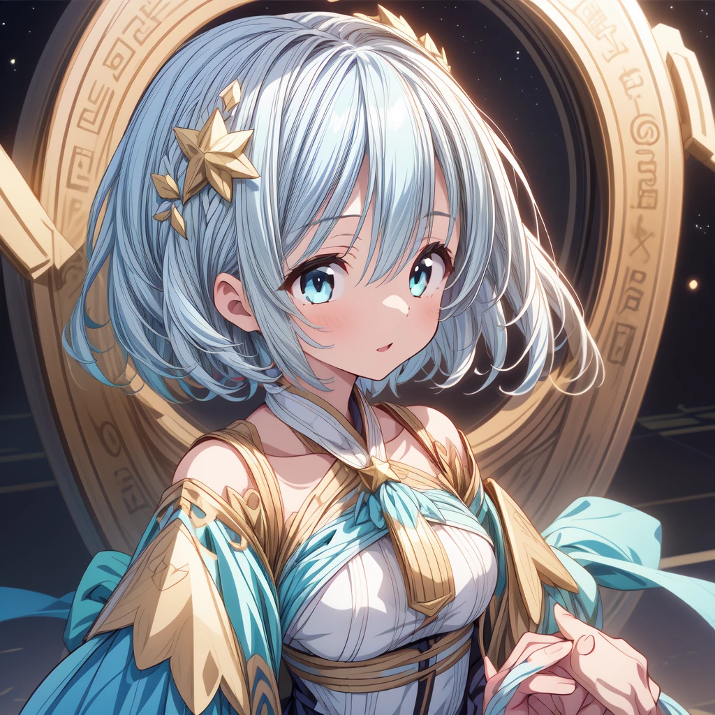 (((1girl)))、starの妖精、tareme、headshot、Face close-up、closeup shot、(((highest quality、Masterpiece、The best composition、Golden Ratio、Official Art、Super detailed、Super detailedな目)))、smile、Droopy and big eyes、Light blue and light pink eyes、ultra detailed, from front, headshot、 blue and white hair color、Short bangs above eyebrows、Short Hair、Standing in front of the viewer、着物とゴスロリをリメイクしたMilky Way柄の洋服で濃紺と水色を基調にした色、The sleeves are long and the hands are hidden、Knee-high boots、Pure white simple background、star、Milky Way、universe、流star群、