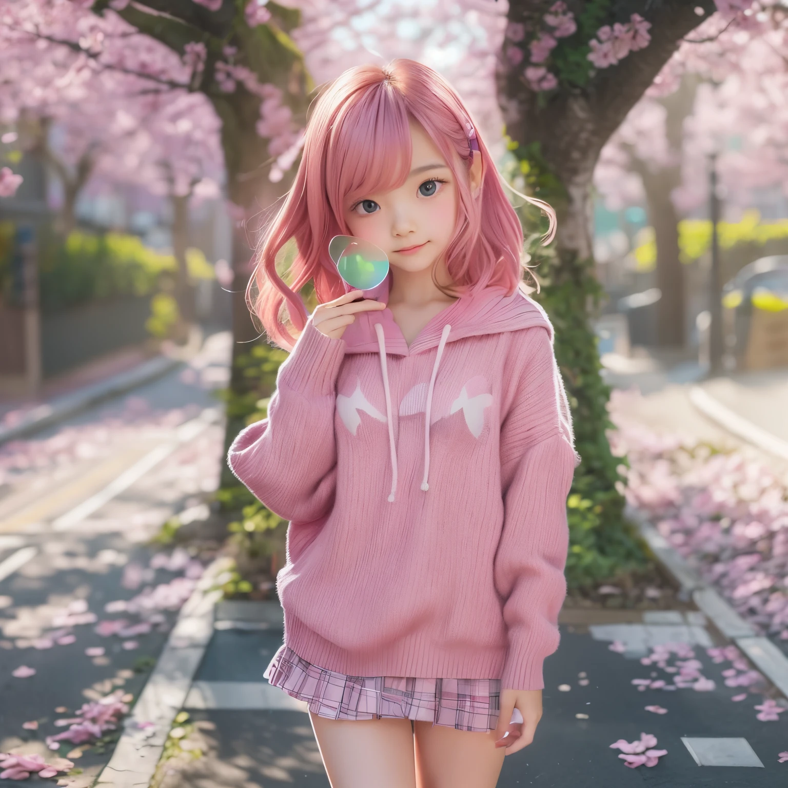 detailed face, cute face, masterpiece, highest quality, Super detailed, figure, Wide-angle, A girl is standing in the middle of the road, alone, The road in the middle and pink cherry blossom trees on the roadside, whole body, 20th Generation, Pink Hair, sweater, Short skirt, fashion,, composition, balance, Harmony, rhythm, color, Light, Shadow, reflection, refraction, tone, Contrast, prospect, Middle Way, background, Naturalistic, Figurative, Expressive.