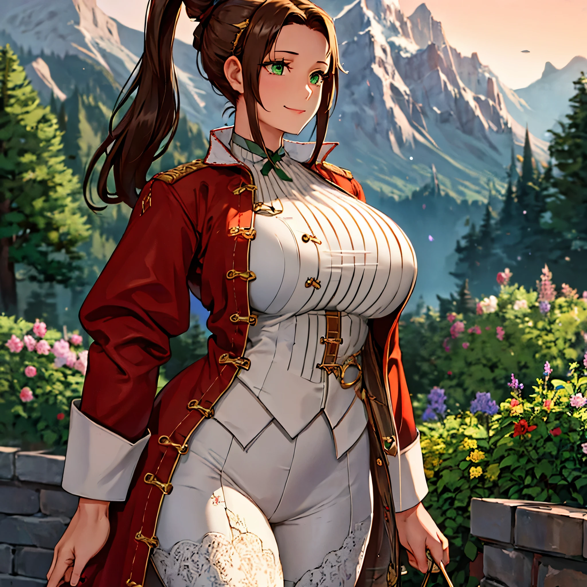 A woman wearing a long red coat from the 1900s, gold details on the coat, tight white pants, black boots, long brown hair, ponytail hair, green eyes, walking outside a large medieval castle, medieval concrete floor, trees background, mountains background, smiling, big breasts,,shadow, flower, UHD, masterpiece, accurate, anatomically correct, textured skin, super detail, high quality, best quality, 8k, high resolution, bokeh effect. (woman alone)
