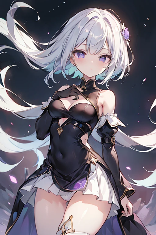 1girl, anime, cute girl, blank background, white background, fantasy, detailed fantasy dress with highlights, beautiful face, beautiful eyes, dark colors, black hair with multicolor streaks, red eye with different color pupil in eye, multicolor eye, medium breasts, slight cleavage, beautiful skin, cute, breast curtains, extremely delicate and beautiful, (beautiful detailed face:1.0), (detailed deep eyes), symmetrical breasts, deep eyes, shiny skin, portrait, slender waist, hips wider than shoulders, thighs, expressionless, young girl, luminous eyes, adorable,(Kpop idol),(aegyo sal:1),(Platinum blonde hair:1),((puffy eye)),Black panty,sexy posture,Superskirt, Ultra-high resolution,Black collar,slim figure, Abdominal y tattoo, womb tattoo,Tight-fitting leg ring,y tattoo on half-body,Bare skin, Armored hand,Hidden fingertips,Hand covered,Arm covered,Fist covered,{{beautiful detailed fingers}}, tufts of hair, moderate beautiful breast:1.0,(masterpiece:1.2), best quality, high-res, HDR, perfect face, intricate armor, delicate blue filigree, intricate filigree, red metalic parts, detailed part, dynamic pose, dynamic lights, cute face, neutral expression, shuimobysim, lotus, hanfu, maxi skirt, dress conservatively 1girl, solo, long blue hair, standing, One lady,14years,((White hair) ,(Shiny purple bodysuit with microskirt),((Fantasy, Moon Night)), gradient_eyes,