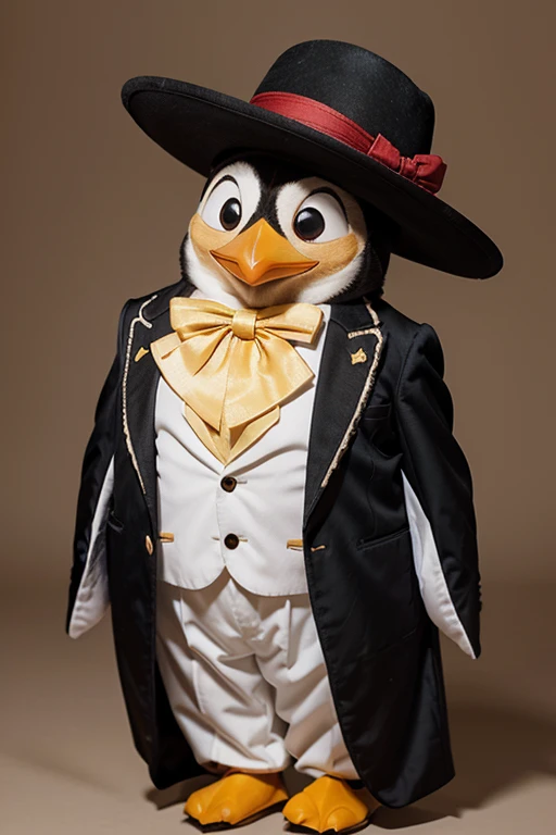 A cartoon penguin in a charro suit and hat