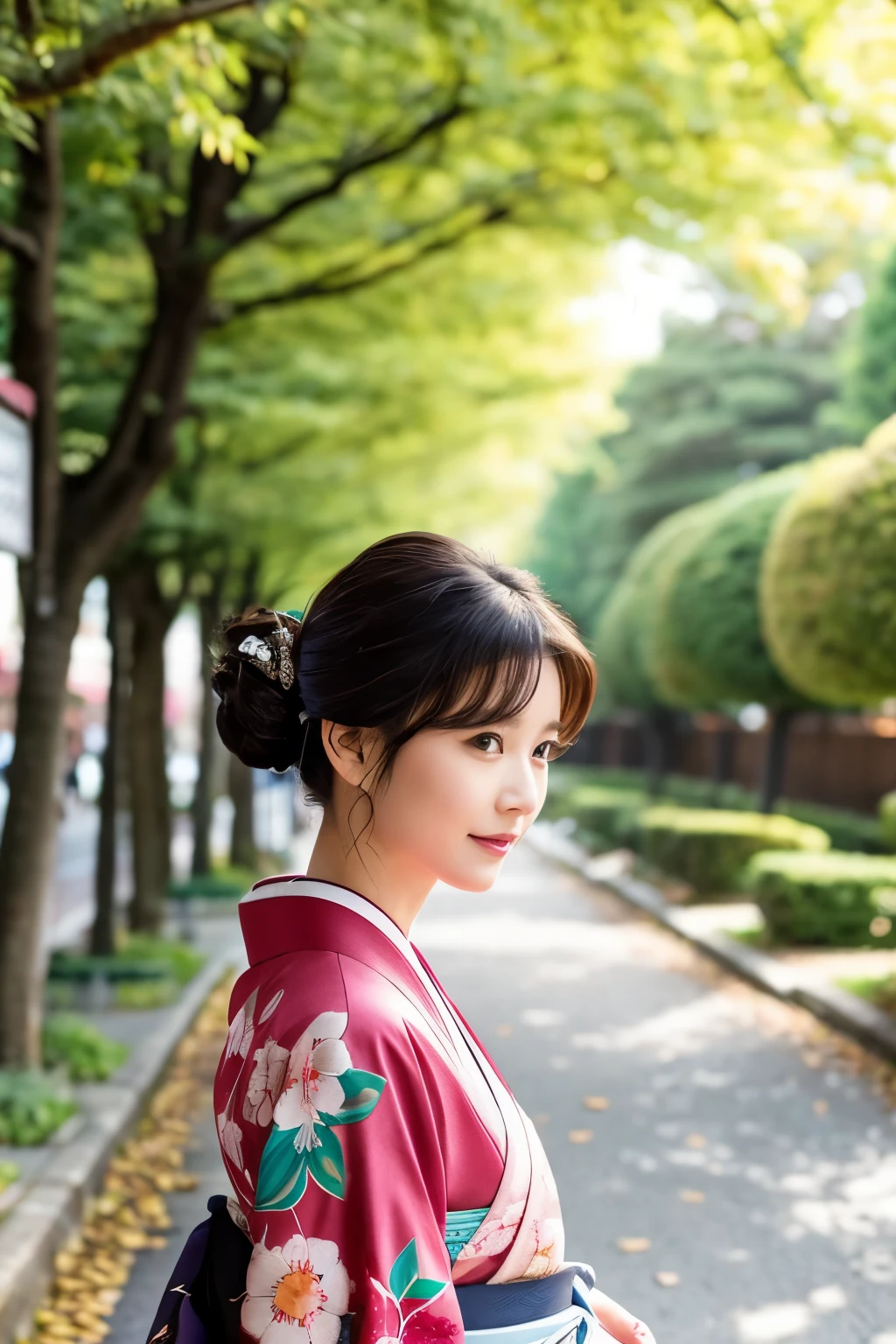 40-year-old woman、Wear a clean Japan kimono、Hair is up、Turn here、Walk along the tree-lined avenue、shot from a lower angle