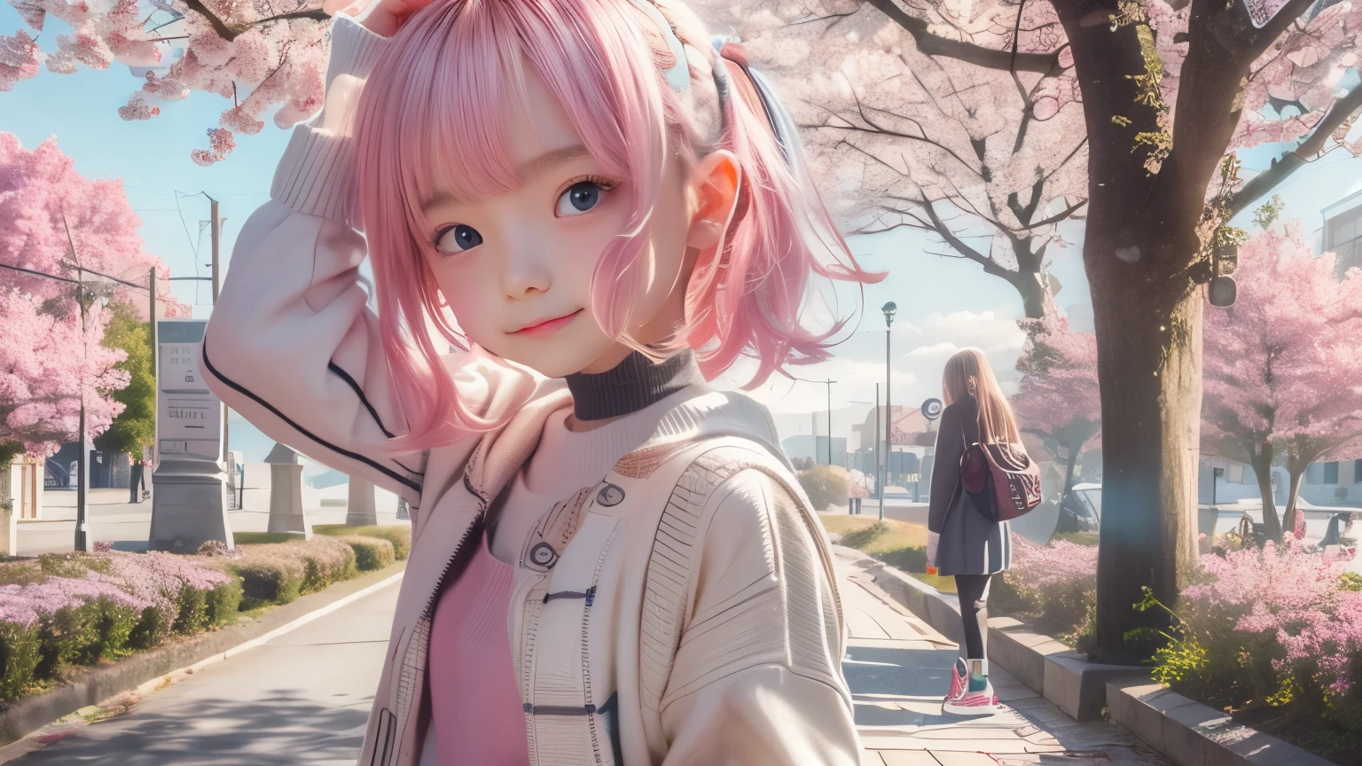 detailed face, cute face, masterpiece, highest quality, Super detailed, figure, Wide-angle, A girl is standing in the middle of the road, alone, The road in the middle and pink cherry blossom trees on the roadside, whole body, 20th Generation, Pink Hair, sweater, Short skirt, fashion,, composition, balance, Harmony, rhythm, color, Light, Shadow, reflection, refraction, tone, Contrast, prospect, Middle Way, background, Naturalistic, Figurative, Expressive.