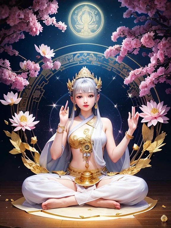 (Buddhist paradise、Gold Dust、Silver、Ruri、agate、Several large crystals、Halo、Kannon Bodhisattva)、god々A good appearance、Golden aura shining、白Silver色の明るい世界、Flowers are blooming all over the place、Seated on a lotus pedestal、Official artwork、Crystal clear white dress、barefoot、(masterpiece、highest quality、High resolution、8k)、The composition is excellent、