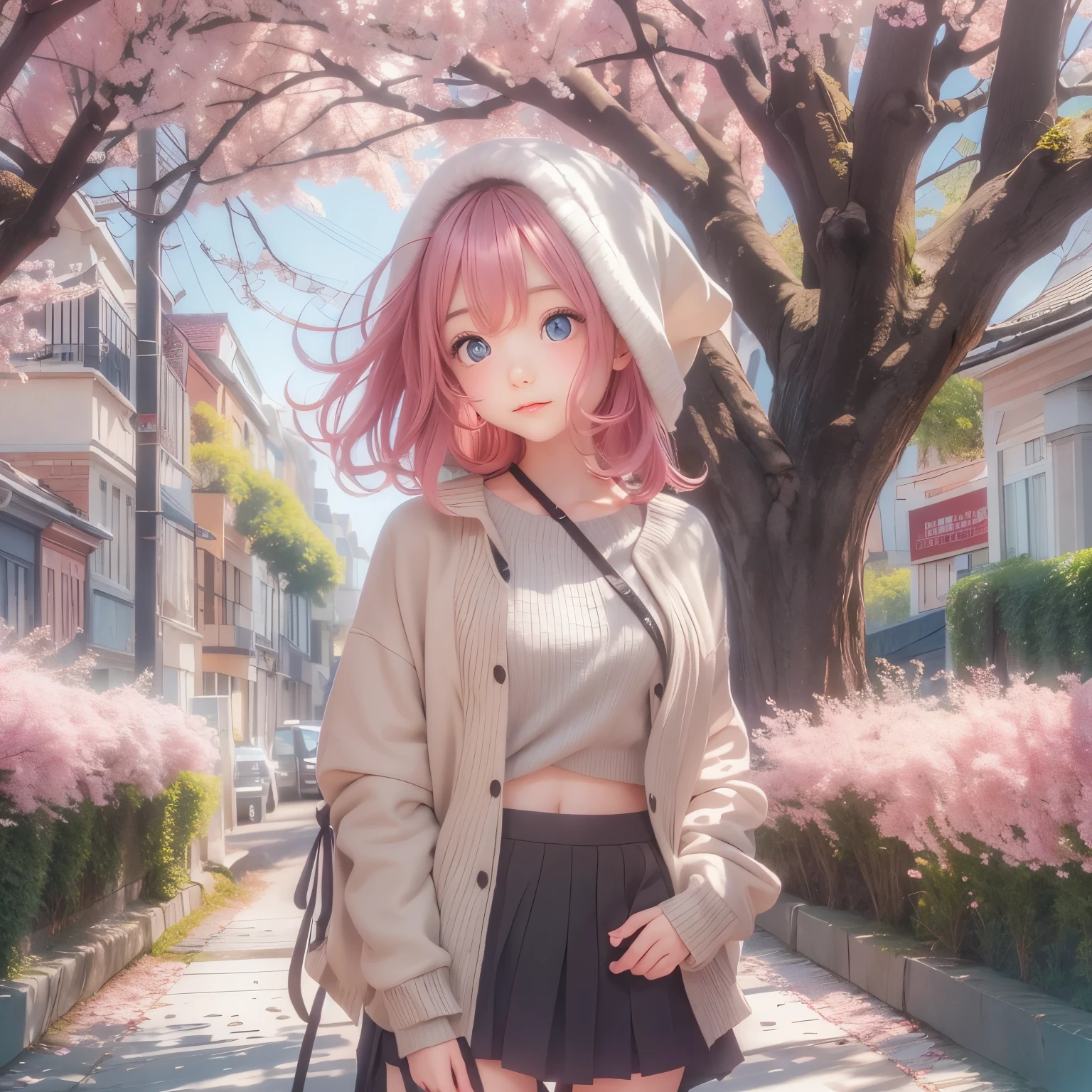 detailed face, cute face, masterpiece, highest quality, Super detailed, figure, Wide-angle, A girl is standing in the middle of the road, alone, The road in the middle and pink cherry blossom trees on the roadside, whole body, 20th Generation, Pink Hair, sweater, Short skirt, fashion,, composition, balance, Harmony, rhythm, color, Light, Shadow, reflection, refraction, tone, Contrast, prospect, Middle Way, background, Naturalistic, Figurative, Expressive.