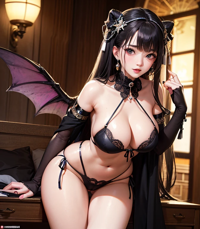 A girl, Demon Horns ,Demon Wings , Dragon wings, Dark and Purple Hair , Black laceBody, blushing face , (Best quality:1.1), (Masterpiece:1.4), 1fille, (cheveux volumineux)+ , ((curly hair))++, cheveux longs , (Yeux Bleux) , Cheveux courts, gros seins, gros seins , (big lips)+ , Bas en dentelles, Bas noirs , peau brillante, brillant, starry night, dans une chambre, Bas dentelle,