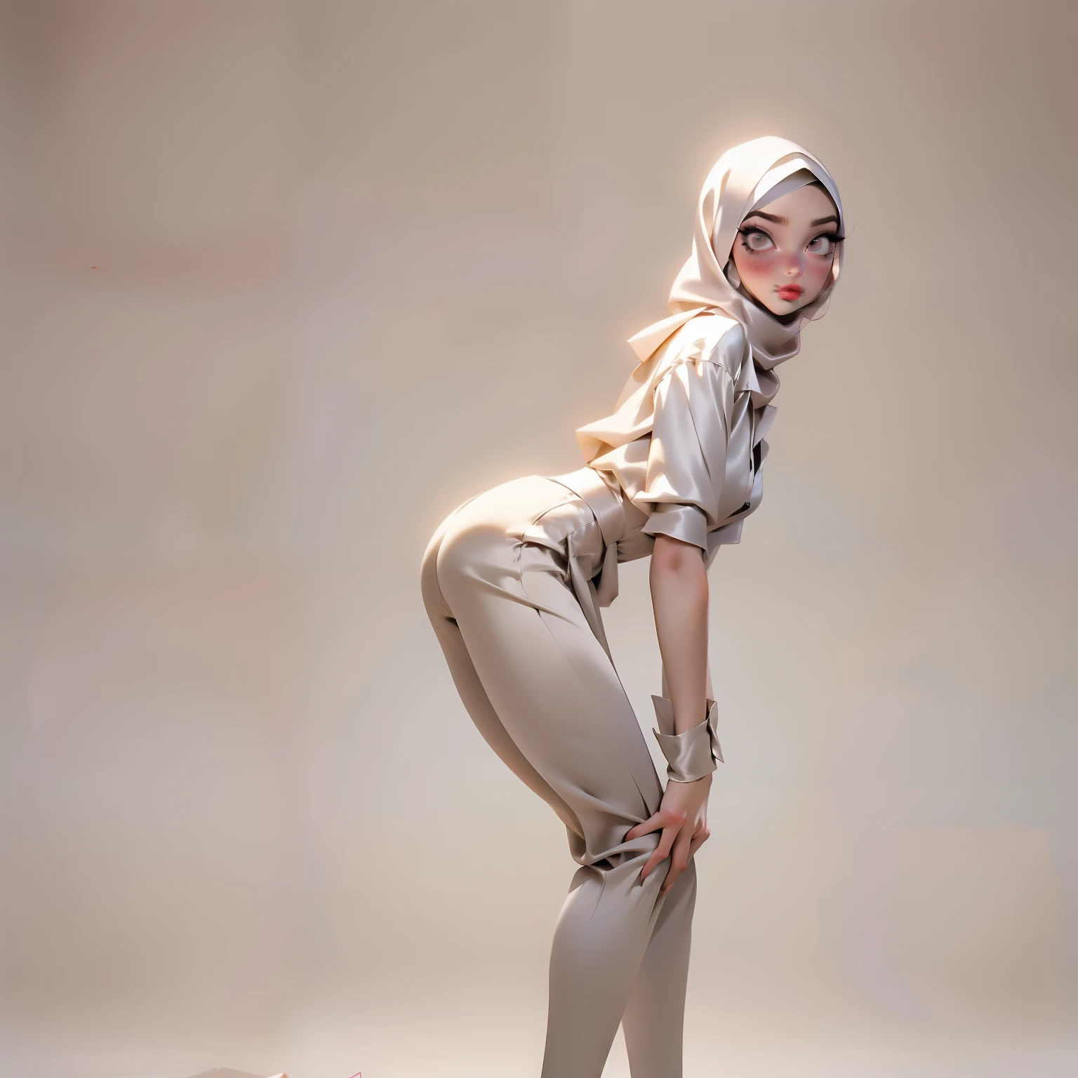 3DMM, ((Masterpiece, best quality, photography)), detailed skin, realistic, photo-realistic, 8k, highly detailed, full length frame, High detail RAW color art, diffused soft lighting, shallow depth of field, sharp focus, hyperrealism, cinematic lighting, hijab, a woman beautifully makeup, bold eyeshadow, beautiful big eyes, Brown eyes, long eye lashes, chubby, wearing ((beige satin hijab), ((gray satin shirt)), ((satin long trousers)), standing, under tree, sakura garden