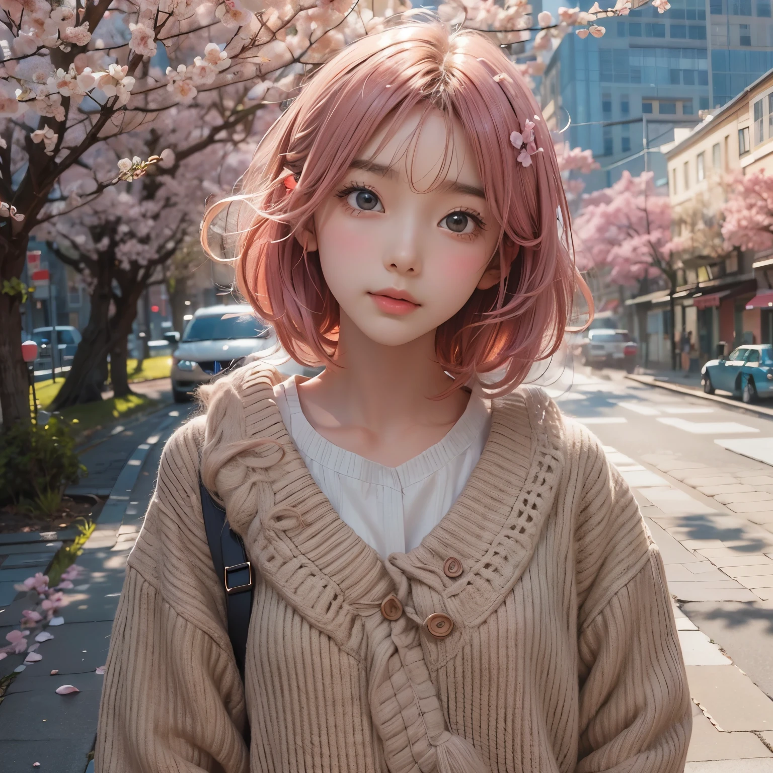 detailed face, cute face, masterpiece, highest quality, Super detailed, figure, Wide-angle, A girl is standing in the middle of the road, alone, The road in the middle and pink cherry blossom trees on the roadside, whole body, 20th Generation, Pink Hair, sweater, Short skirt, fashion,, composition, balance, Harmony, rhythm, color, Light, Shadow, reflection, refraction, tone, Contrast, prospect, Middle Way, background, Naturalistic, Figurative, Expressive.