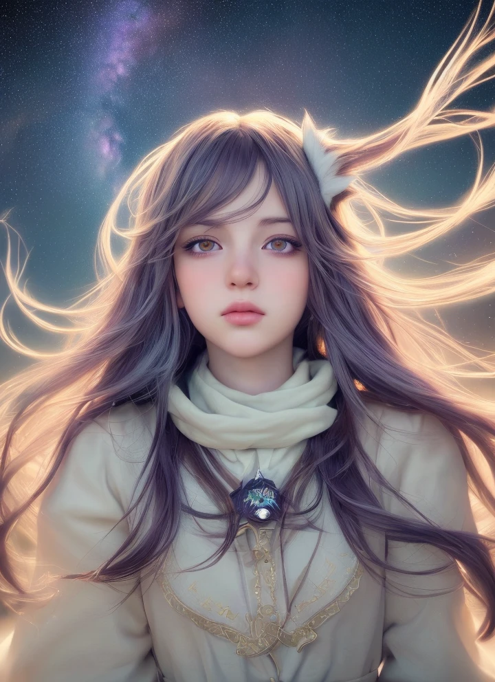 1girl, standing on earth, looking up at night sky, shimmering stars, beautiful detailed eyes, beautiful detailed lips, extremely detailed eyes and face, long eyelashes, serene expression, dreamlike, Makoto Shinkai-esque style, Cyril Rolando's artistic flair, vibrant colors, dynamic composition, tranquil, (best quality,4k,8k,highres,masterpiece:1.2),ultra-detailed,(realistic,photorealistic,photo-realistic:1.37),animal cosplay,white long hair,FINAL FANTASY,kawaii Japanese