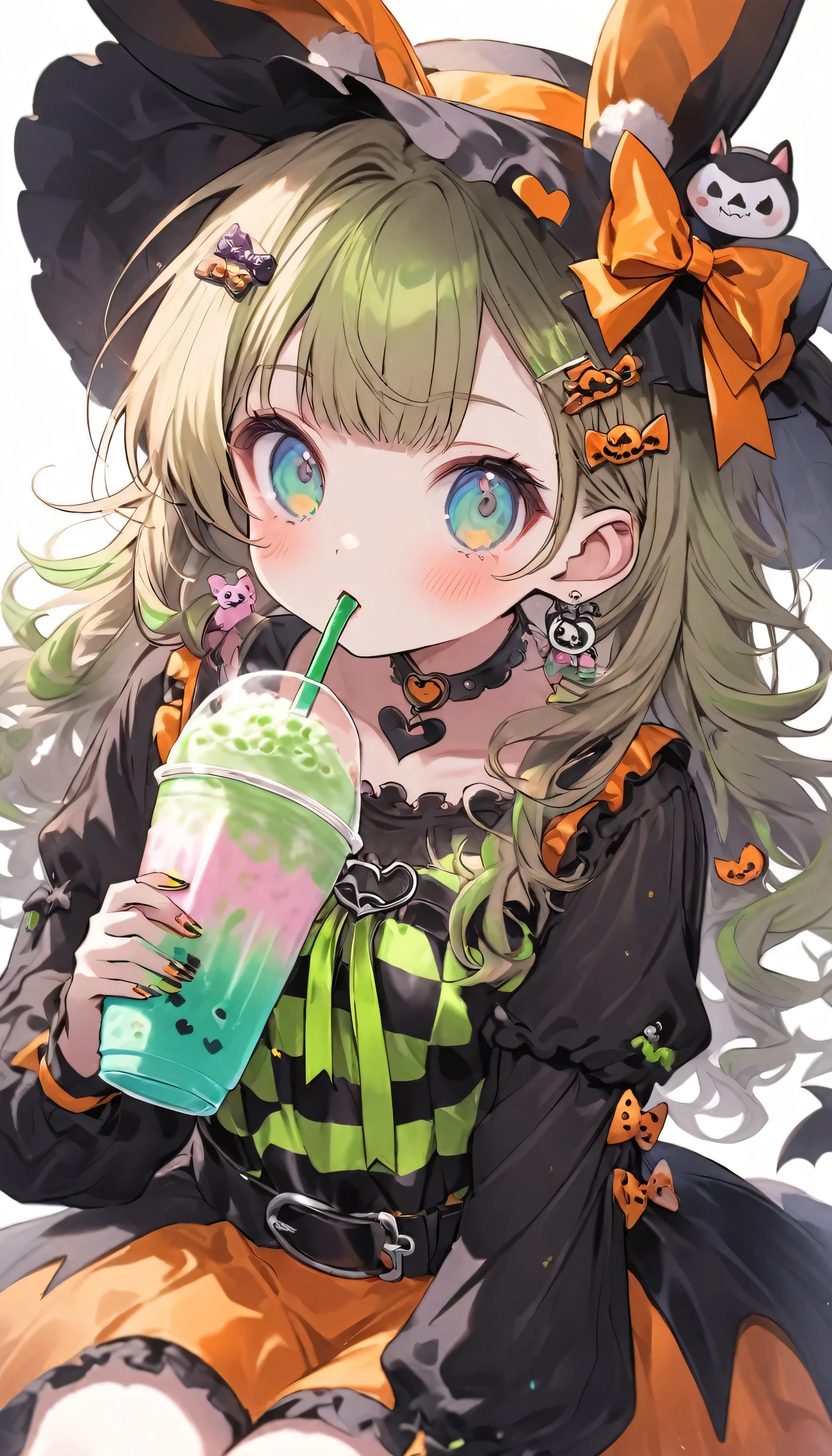 halloween theme, "kawaii, Cute bunny girl drinking a boba shake, Adorable girl in orenge, neon orenge black, and baby lime color scheme. She wears halloween-themed clothing. Her outfit is fluffy and soft, With decora accessories like hair clips. She embodies a vibrant and trendy Harajuku fashion style."