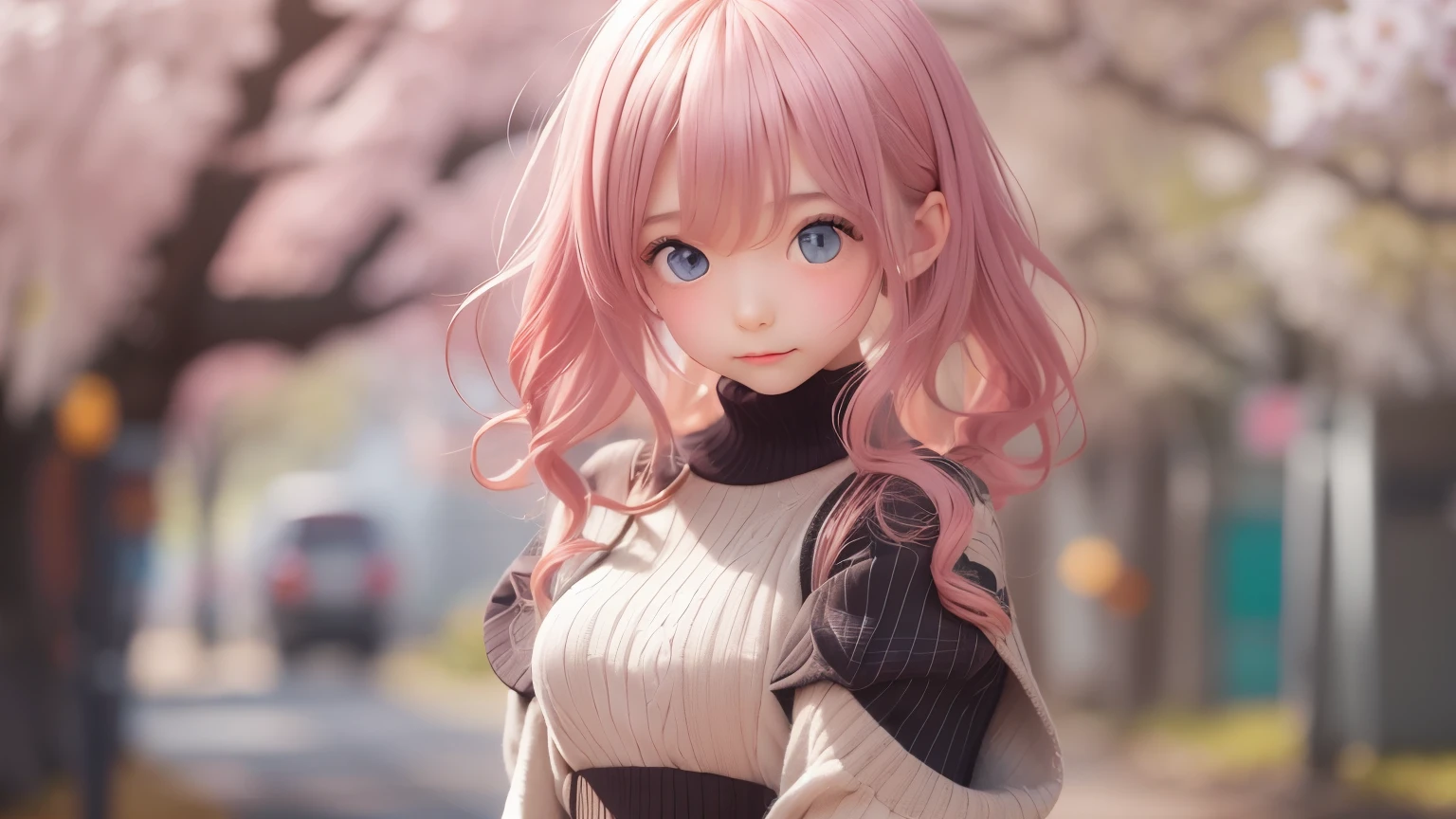 detailed face, cute face, masterpiece, highest quality, Super detailed, figure, Wide-angle, A girl is standing in the middle of the road, alone, The road in the middle and pink cherry blossom trees on the roadside, whole body, 20th Generation, Pink Hair, sweater, Short skirt, fashion,, composition, balance, Harmony, rhythm, color, Light, Shadow, reflection, refraction, tone, Contrast, prospect, Middle Way, background, Naturalistic, Figurative, Expressive.