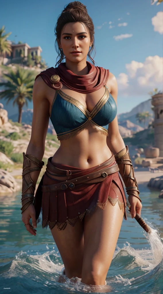 Kassandra, brown eyes, (best quality, ultra-detailed), (realistic:1.37), beautiful and detailed face, ultra-realistic texture, delicate face, delicate body, red lipstick, bright colors. High definition, 8K, well defined legs.