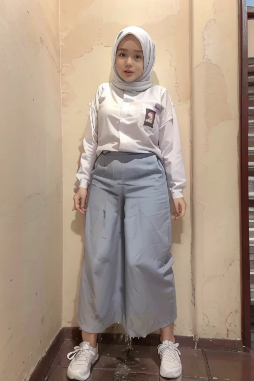 (pp clothes), (realistic), A hijab girl sees the ghost and peed herself, standing position, peeing herself on to skirt, peeing:1.3, urination:1.3, pee stain:1.2, pee puddle:1.1, view to viewer