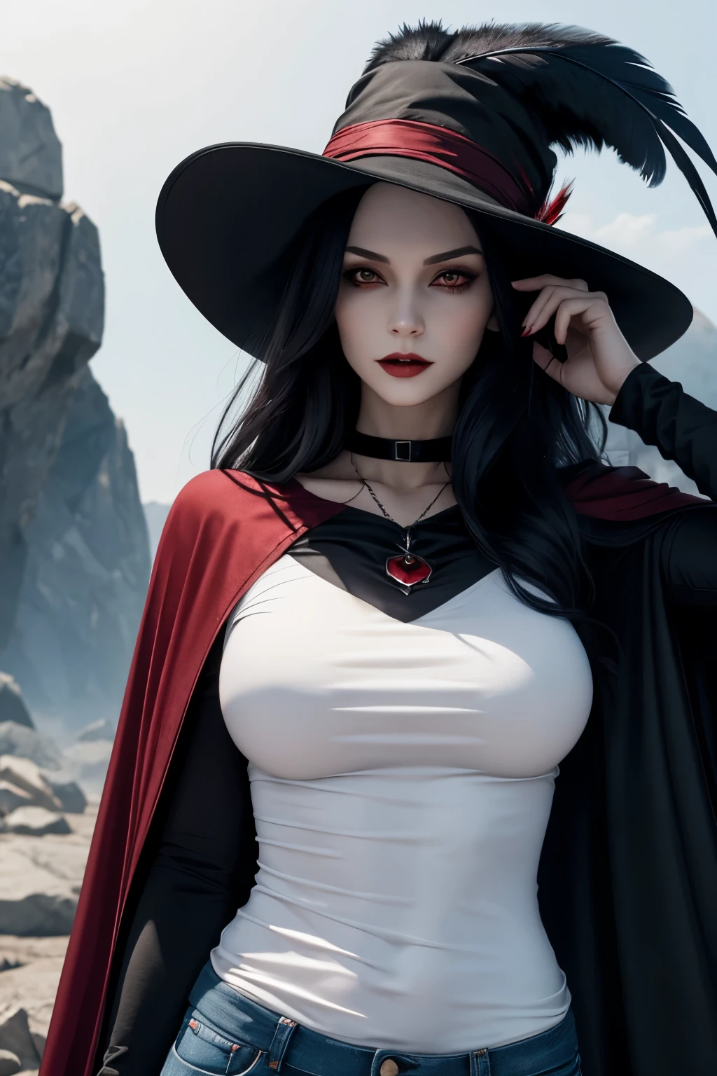 Half vampire half human hybrid female with a nice figure she is pale with red eyes she is tall with a soft face wearing a rock tshirt and tight fitting jeans with a raven feather cape and a feathered hat