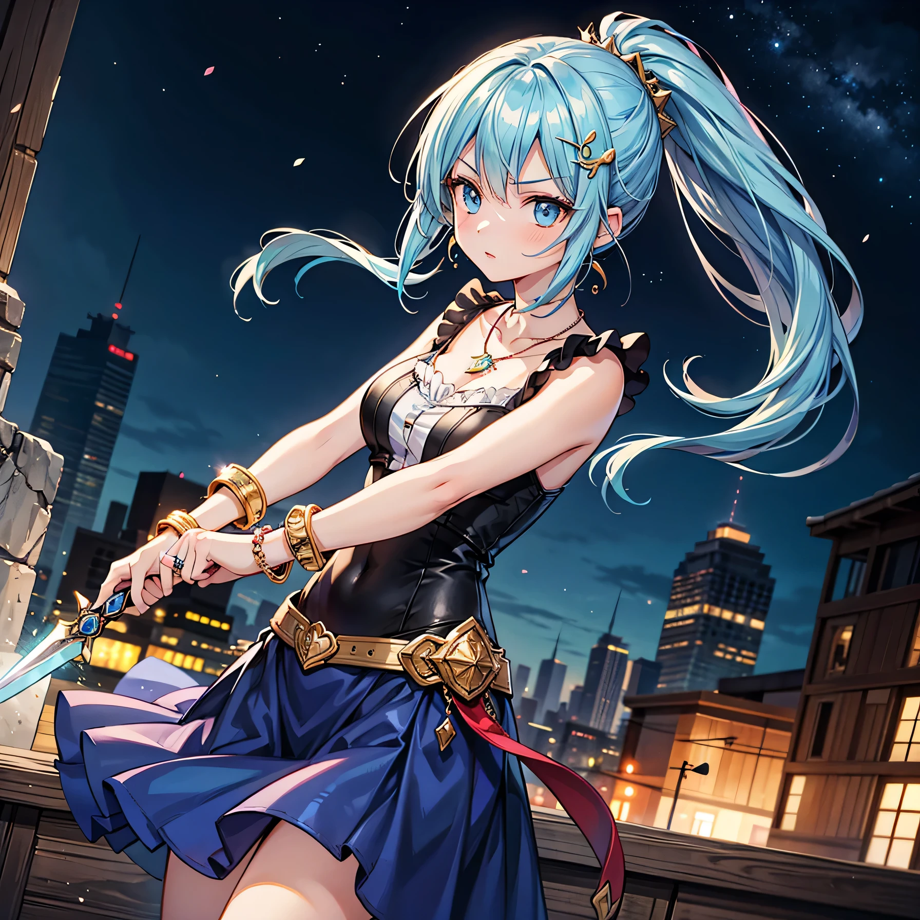 Anime Moe Art Style,highest quality,High resolution,Anatomically correct,One Girl,-teegirl with light blue hair in a ponytail,Super detailed,Fantasy World,Sleeveless blouse,flare skirt,Big Breasts,A rich expression,Serious expression,Plains at night,Dynamic movement,Wielding a dagger,fight,Eyes drawn in detail,hair ornaments,necklace,bracelet,ring,8K