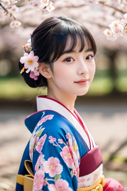 a beautiful Japanese girl wearing a traditional colorful kimono, detailed facial features, long black hair, intricate kimono patterns, cherry blossom flowers, natural lighting, delicate and elegant, photorealistic, 8k, high quality, masterpiece