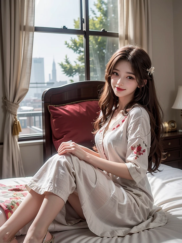 masterpiece, best quality:1.1), (8k, raw photo, photo realistic:1.2, f22), (shiny skin), detailed skin,long hair,detailed face, detailed eyes,smile,BREAK, real world, intricate details, smil, BREAK, 1girl, full body,(flower pattern,pajamas,)BREAK, (bed:1.4)