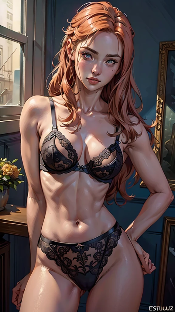 mulher ruiva de lingerie posando para uma foto, loish and uau, obras de arte no estilo de guweiz, uau glossy skin, Inspirado em WLOP, artgerm extremamente detalhado, pouco detalhado. pintura digital, intricate uau, uau rossdraws, uau |, estilo de arte realista, in style of uau