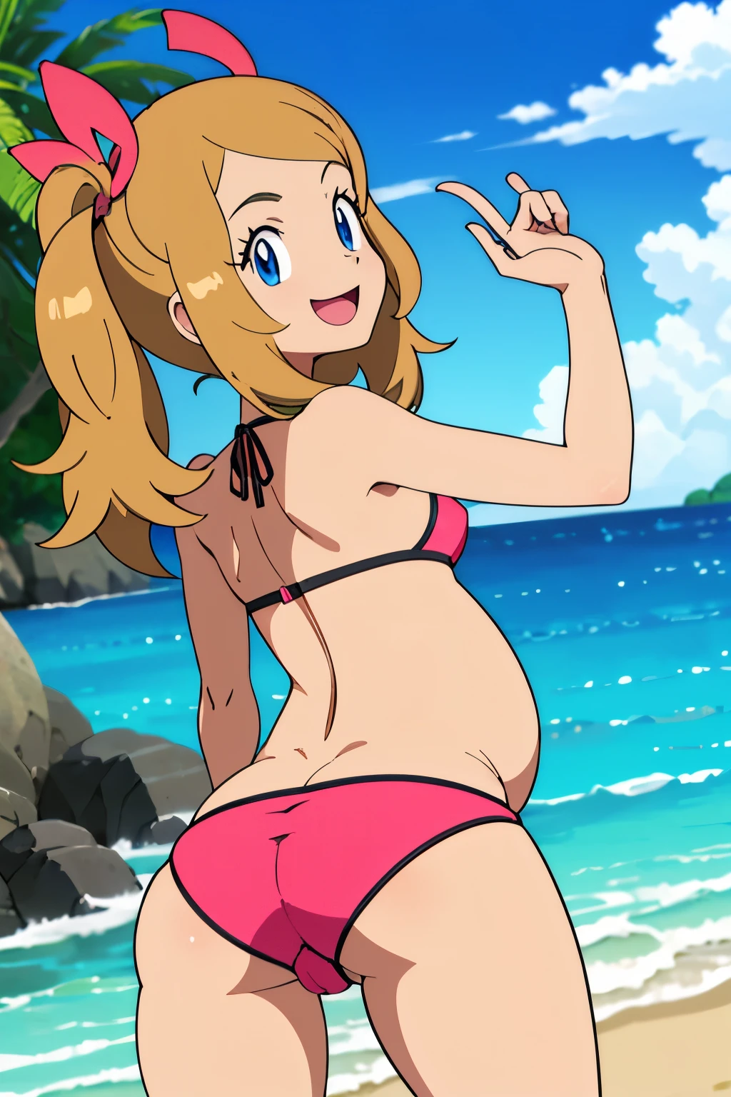 obra maestra, Mejor calidad, high resolution, al aire libre, 1 chica, Solo, serena (pokemon), sombreros rosas, bikini, microbikini, bikini negro, ropaajustada,, hombros descubiertos, mirando al espectador, embarazada, pregnant, sonrisa timida, rubor, senos medianos, pechos femeninos, sonrisa, manos en las caderas, de perfil, cuerpo de lado, acostada en la arena, lentes de sol, playa, fondo de playa, sonrisa picara, mirada sugerente, mirando sobre el hombro, de espaldas, presumiendo trasero, from behind, small butt, small ass.