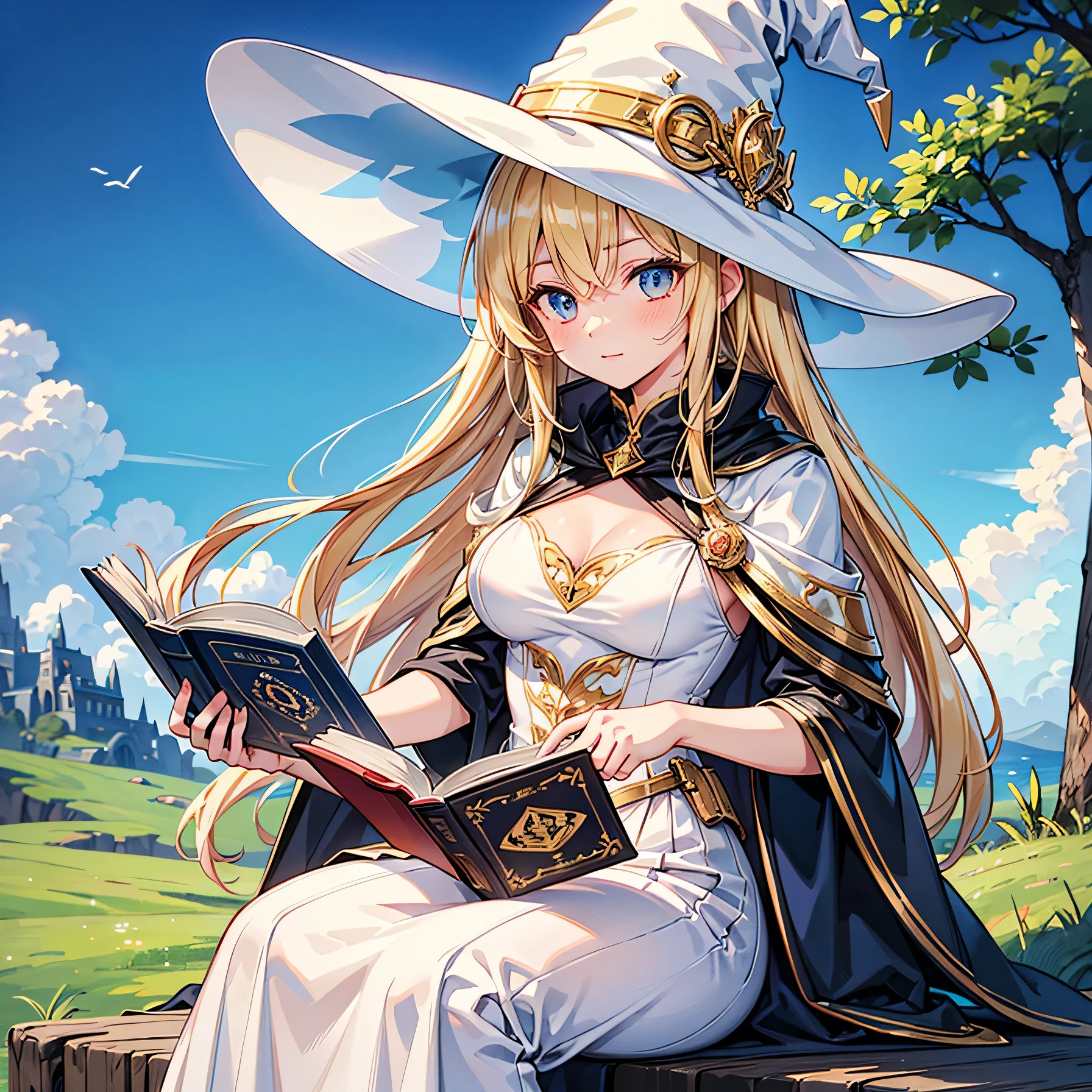 Anime art style,highest quality,High resolution,Anatomically correct,One Woman,Mid twenties,Blonde,Beautiful ironed hair,Super long hair,Super detailed,Fantasy World,witch,White hat with gold trim,White cloak with gold trim,Long skirt,Medium sized breasts,Outdoor,Shade,Reading a book,Eyes drawn in detail,8K