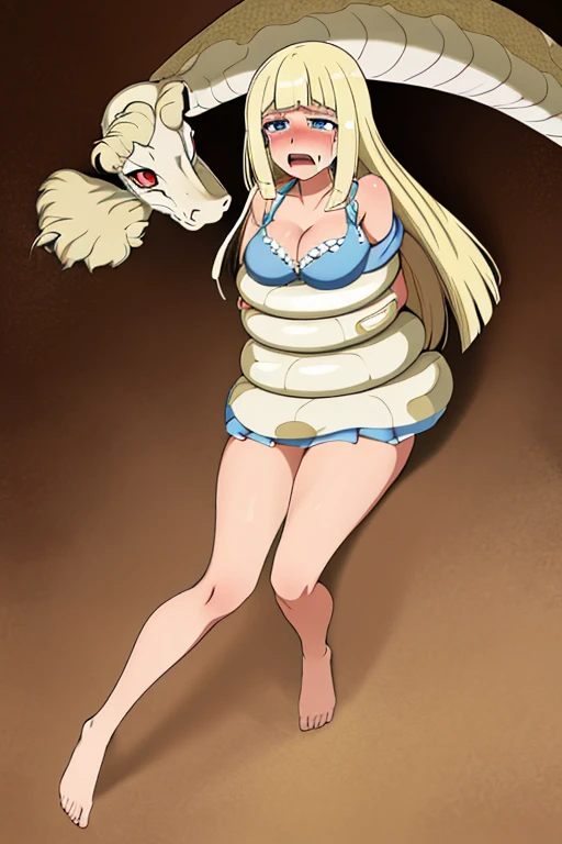 masterpiece, best quality, illustration, highly detailed, Lillie, length hair, blonde hair, floating hair, breasts out, beautiful detailed eyes, cleavage, snake, (coiled), restrained, scared face, crying , full body