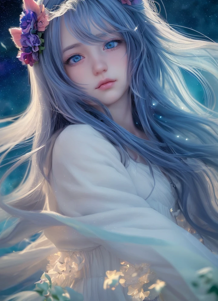 1girl, standing on earth, looking up at night sky, shimmering stars, beautiful detailed eyes, beautiful detailed lips, extremely detailed eyes and face, long eyelashes, serene expression, dreamlike, Makoto Shinkai-esque style, Cyril Rolando's artistic flair, vibrant colors, dynamic composition, tranquil, (best quality,4k,8k,highres,masterpiece:1.2),ultra-detailed,(realistic,photorealistic,photo-realistic:1.37),animal cosplay,white long hair,FINAL FANTASY,kawaii Japanese