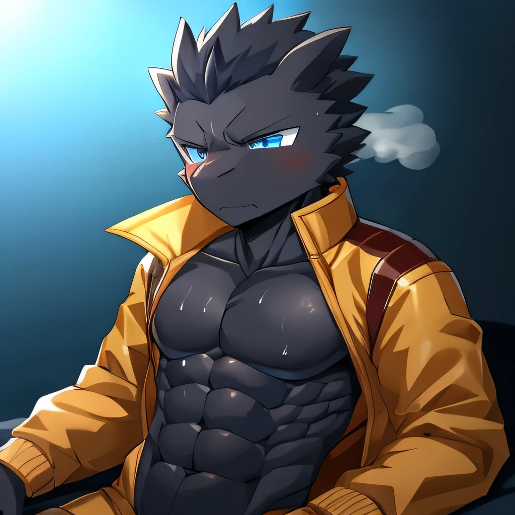Thin macho western black dragon abs Hollow abs body suit thick arms chest rig 、sweaty skin glow profile Wearily short of breath Chemo shota
have a blue eyes Tired look jacket