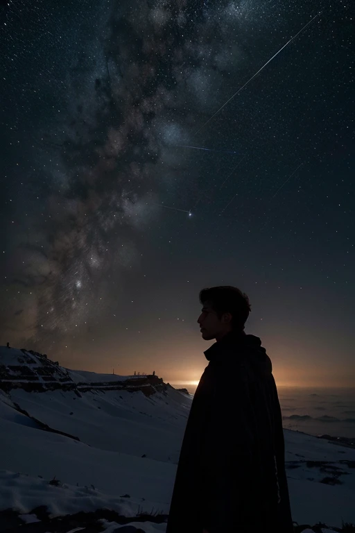 A capa apresenta um fundo escuro e estrelado, com a silhueta de um vasto continente coberto por neve e neblina ao longo do horizonte. No centro da capa, destaca-se uma imagem intrigante: the figure of Prince Ethan and the Astrologer Orion, lado a lado, Looking to the horizon with determination. Their silhouettes are in the foreground, destacadas por um brilho sutil que emana das estrelas acima. Em torno deles, sketches of constellations seem to dance, sugerindo um elo misterioso entre o destino dos personagens e os segredos do universo. the title "Star Mist: O Enigma de Guaraci" It's in elegant white letters, adornadas com um leve efeito de nevoeiro, evoking the mystery that permeates the story. Below the title, em letras menores, is the name L.R.G , em uma fonte simples e clara. With two men together in the background holding hands