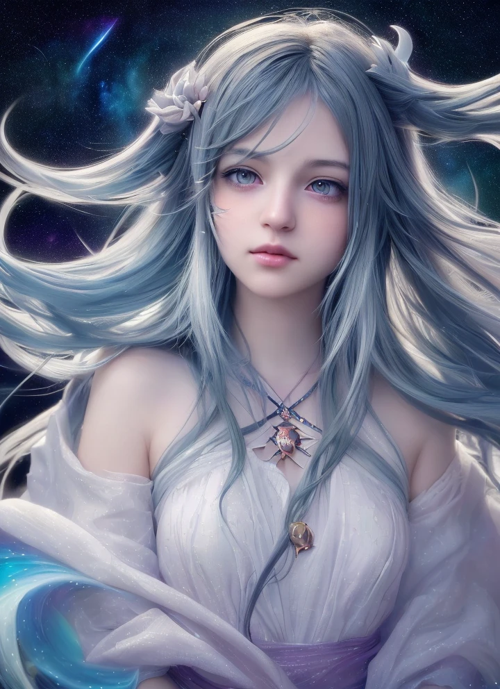 1girl, standing on earth, looking up at night sky, shimmering stars, beautiful detailed eyes, beautiful detailed lips, extremely detailed eyes and face, long eyelashes, serene expression, dreamlike, Makoto Shinkai-esque style, Cyril Rolando's artistic flair, vibrant colors, dynamic composition, tranquil, (best quality,4k,8k,highres,masterpiece:1.2),ultra-detailed,(realistic,photorealistic,photo-realistic:1.37),animal cosplay,white long hair,FINAL FANTASY,kawaii Japanese