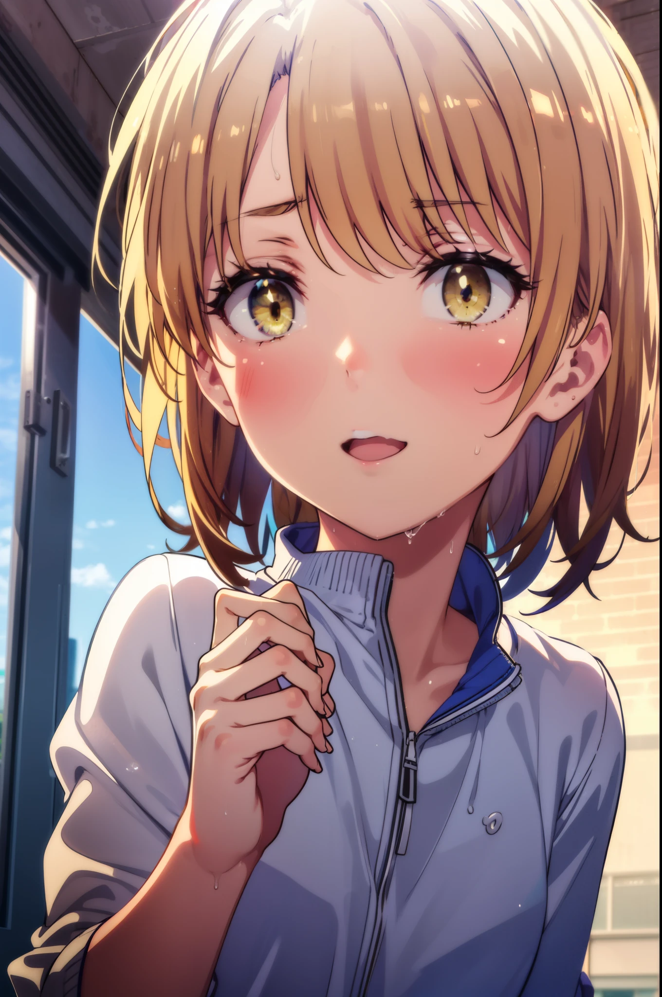irohaisshiki, iroha isshiki, short hair, Brown Hair, (Brown eyes:1.5), smile,Open your mouth,Sweat,Wet Skin,Wet clothes,Sportswear,Bloomers,sneakers,So that the whole body goes into the illustration,running,Looking up from below,running,
Break indoors, School　playground,
壊す looking at viewer,Systemic
break (masterpiece:1.2), highest quality, High resolution, unity 8k wallpaper, (figure:0.8), (Beautiful fine details:1.6), Highly detailed face, Perfect lighting, Highly detailed CG, (Perfect hands, Perfect Anatomy),