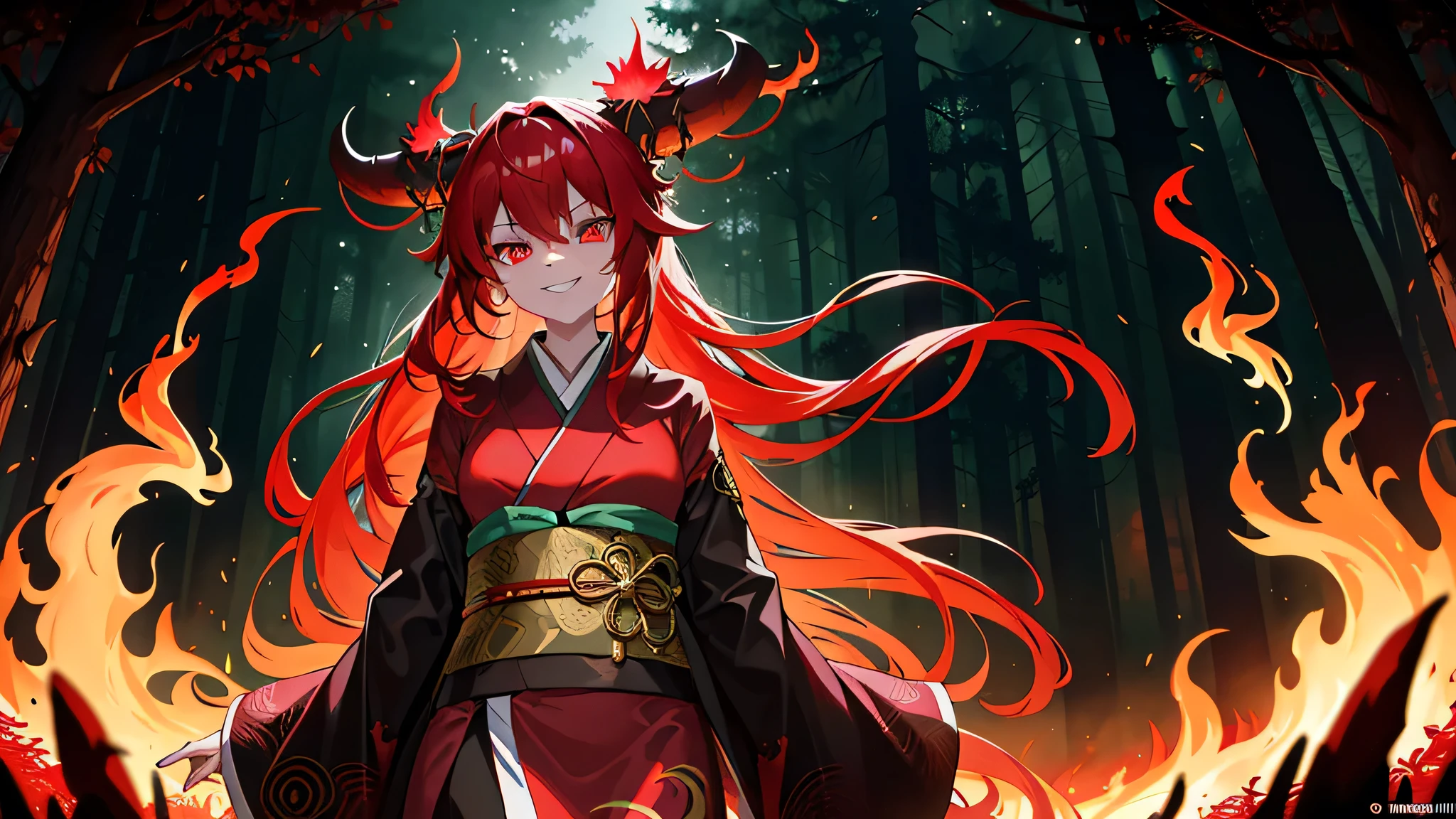 A Mysterious Yamanba, enshrouded in a fiery red kimono with vibrant, pulsating flames, her long hair disheveled and wild, stands ominously within a mystical forest clearing. The 8K, ultra-high-resolution, masterpiece-quality image showcases her in intricate detail, with a photorealistic and supernatural depiction enhancing the ethereal, otherworldly feel. The forest behind her glows with an eerie, bioluminescent light, casting surreal shadows that dance upon her visage, highlighting the sharp features and foxy grin on her face. The aura of darkness and ancient magic that radiates
