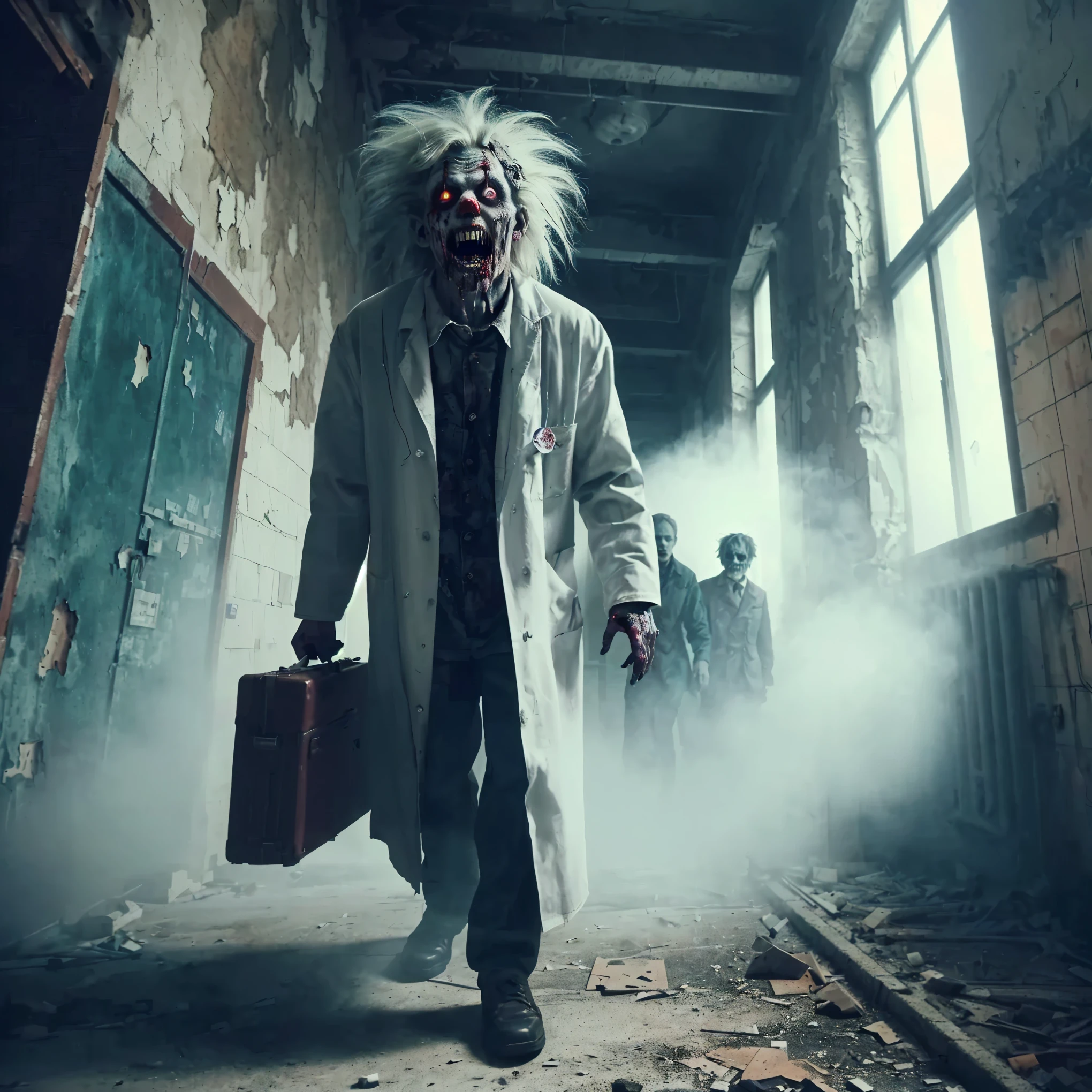 there are two men dressed as zombies walking in a building, horror photography, mad scientist, scary style, ??? and mad scientist walking, scary ghost, scary look, russian lab experiment, scaring, scary atmosphere, scary picture in color, award winning horror photography, scary photo, scary picture, scary clown, mad scientist working, scary scene, teacher as angry zombie