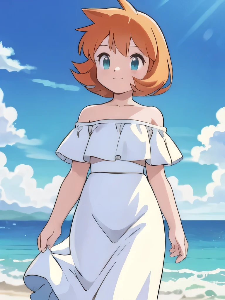 (retro anime girl:1.2), (white dress:1.1), (masterpiece:1.2), (best quality), (ultra detailed), (8k,4k), (half body:1.2), (cowboy:1.2), (highly detailed:1.2), (Ruffle Off-the-shoulder top:1.4), (Maxi skirt:1.4), mistymature, 1 girl, solo, Best quality, masterpiece, High Definition, Teenager, Green Eyes, Beautiful Detail Eyes, Orange Hair, Good hands at sides, Smile, Blushing, Bare Neck, Bare Arms, Bare Shoulders, short sleeve, Strapless, White Ruffle Off-the-Shoulder Top, White Off-the-shoulder Dress, White maxi dress, walking on the beach with bare feets, Background, blue skies, 