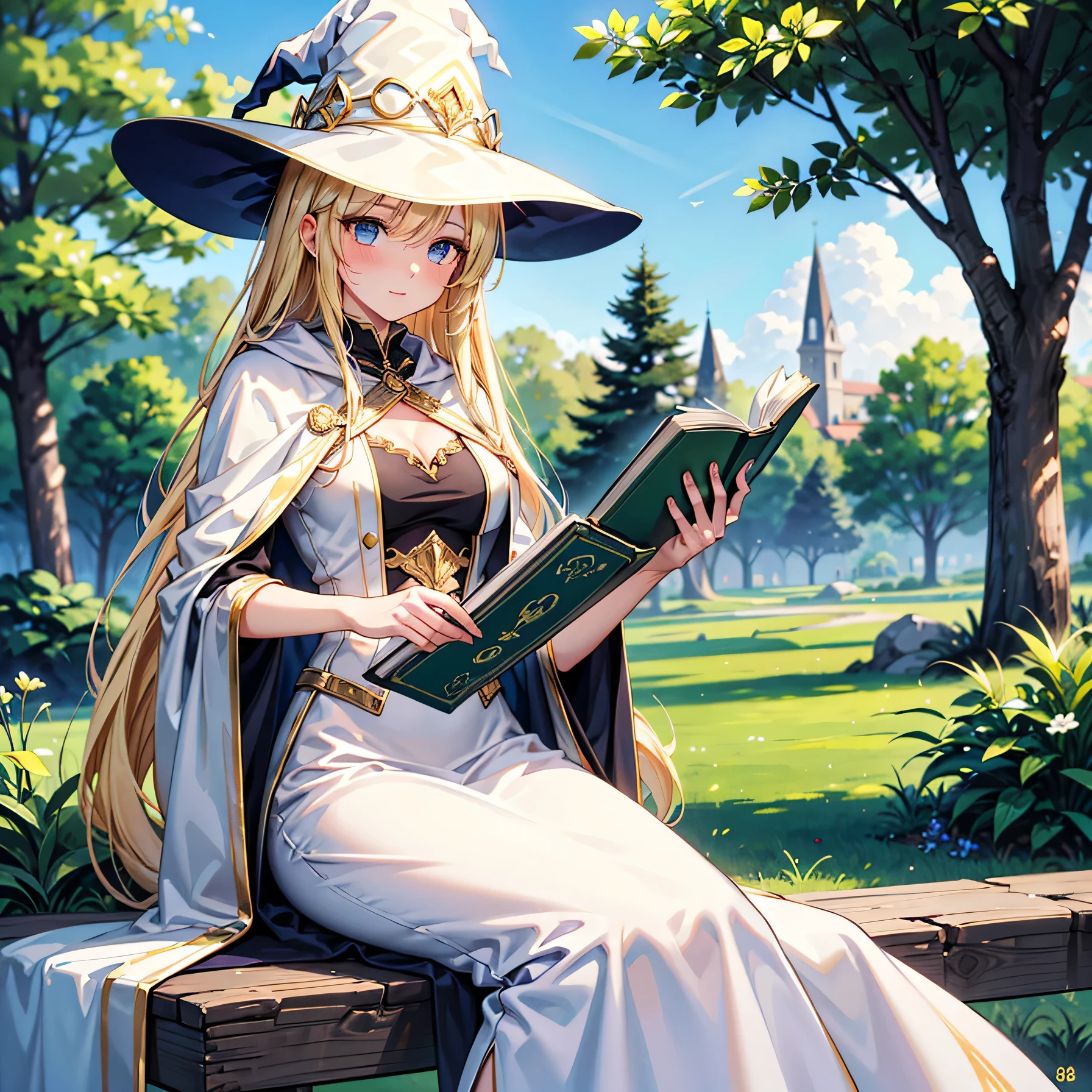 Anime art style,highest quality,High resolution,Anatomically correct,One Woman,Mid twenties,Blonde,Beautiful ironed hair,Super long hair,Super detailed,Fantasy World,witch,White hat with gold trim,White cloak with gold trim,Long skirt,Medium sized breasts,Outdoor,Shade,Reading a book,Eyes drawn in detail,8K